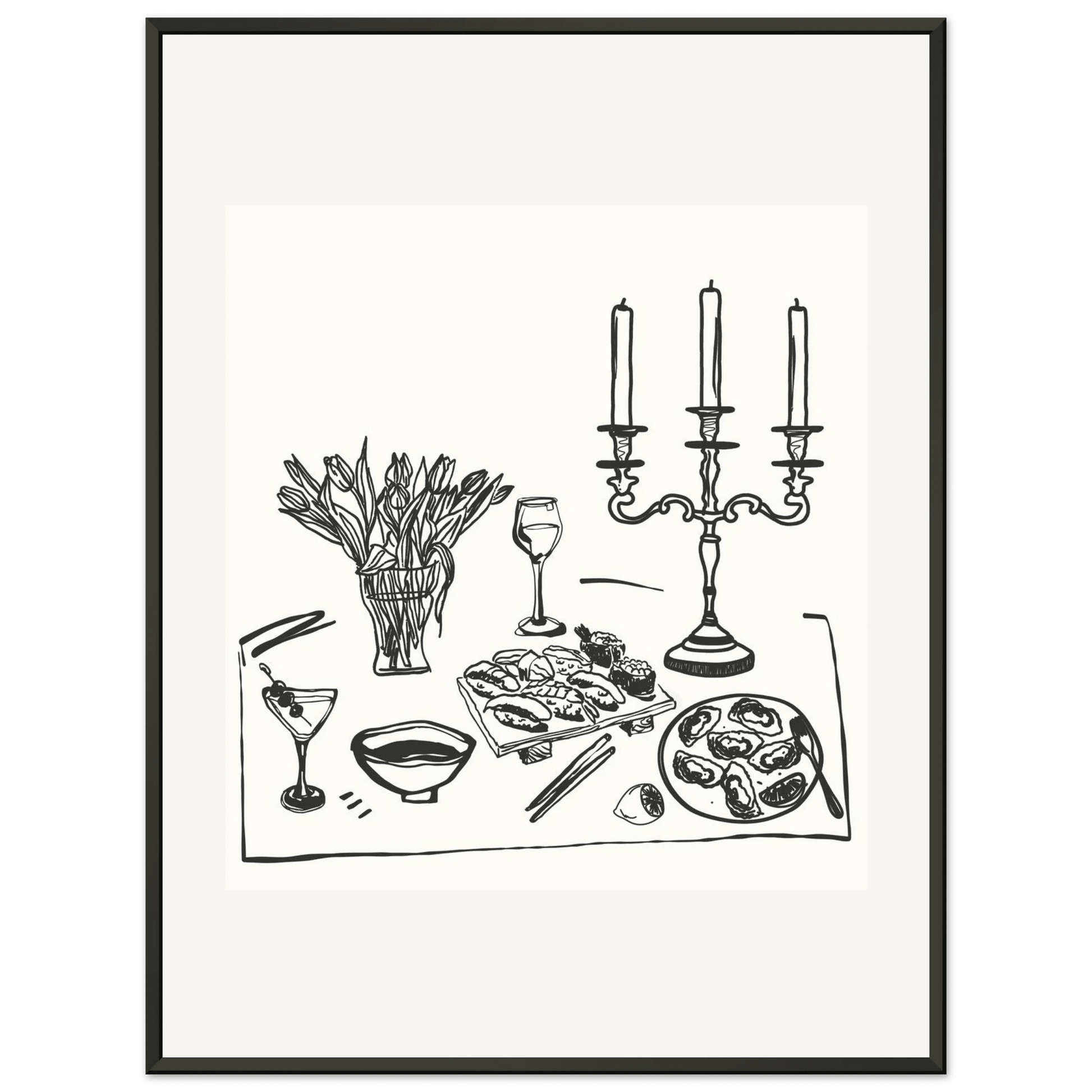 Fine Dining Table Print | Black Line Art Kitchen Wall Art | Elegant Dining Room Poster - Evergreen Posters