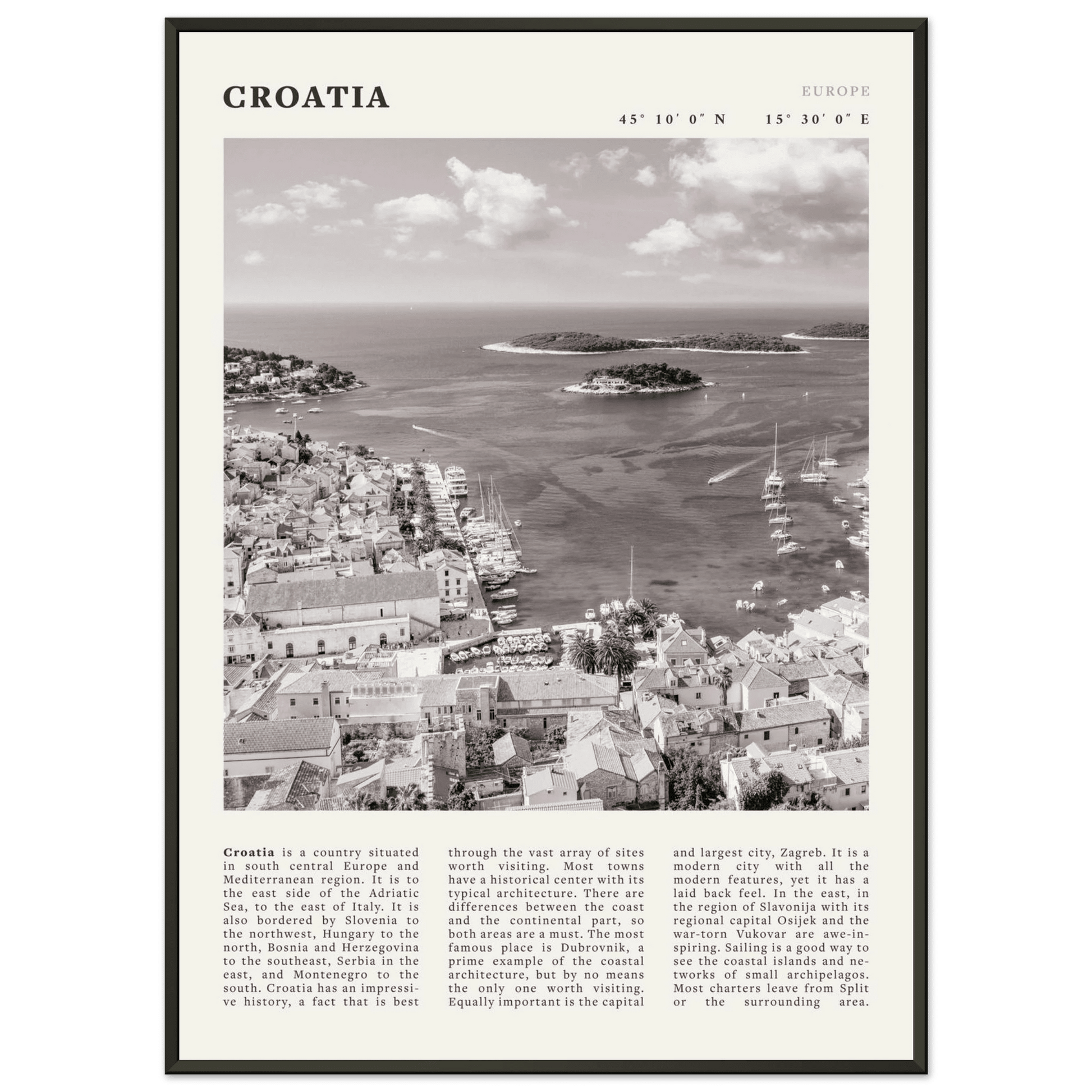 Croatia Poster | Black & White Hvar Island Wall Art | Adriatic Travel Print Decor - Evergreen Posters