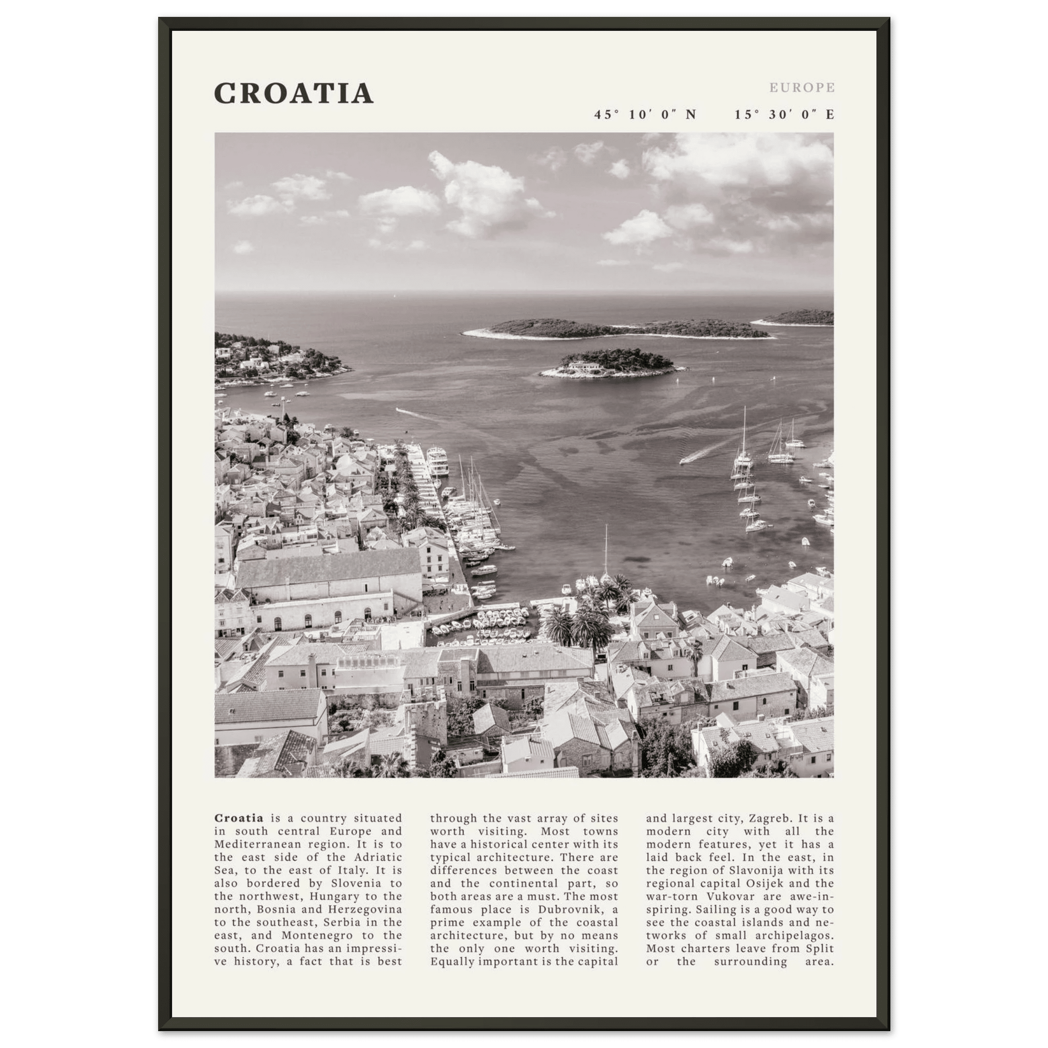 Croatia Poster | Black & White Hvar Island Wall Art | Adriatic Travel Print Decor - Evergreen Posters