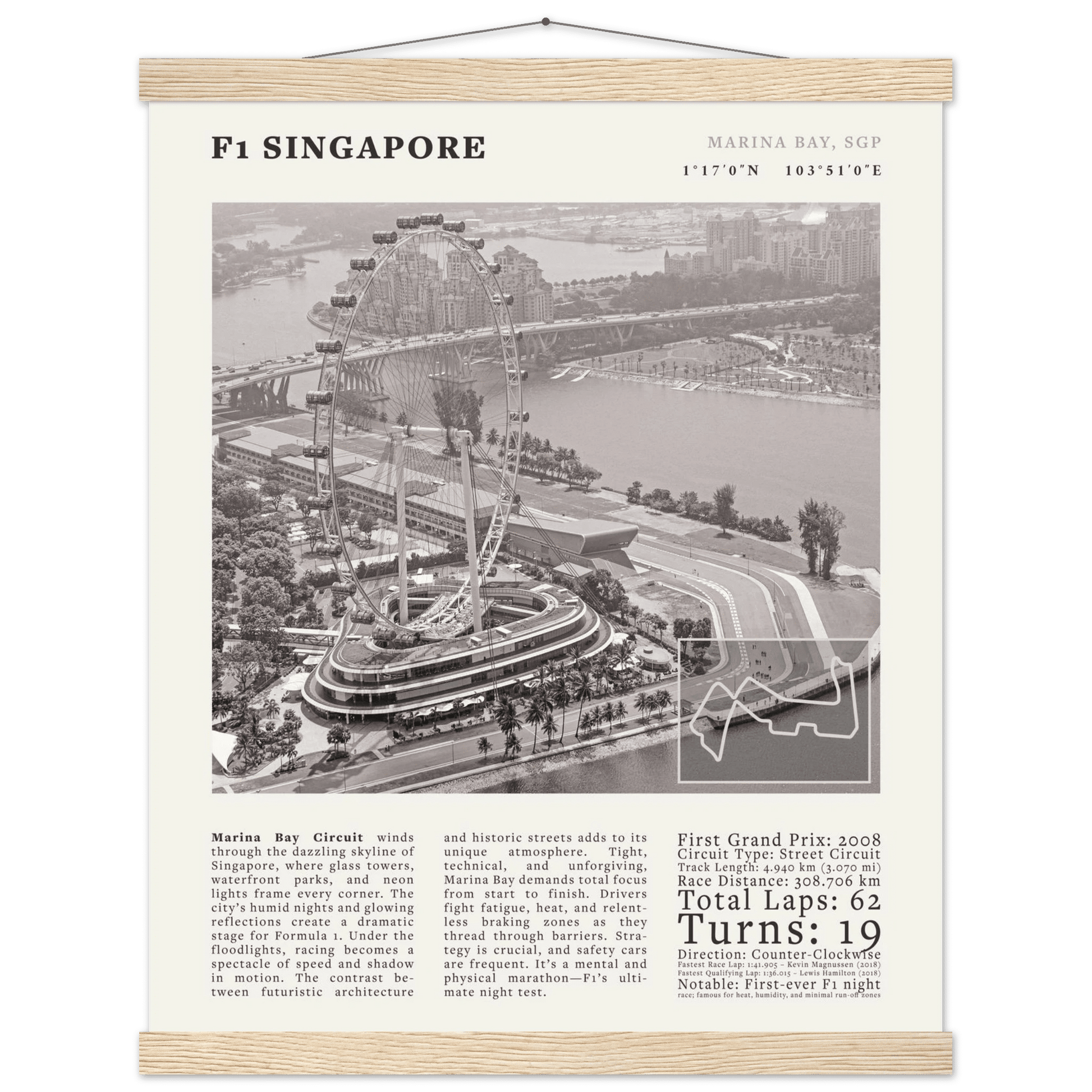 F1 Singapore Poster Black and White – Vintage Marina Bay Night Race Print (Digital & Printed Options) - Evergreen Posters