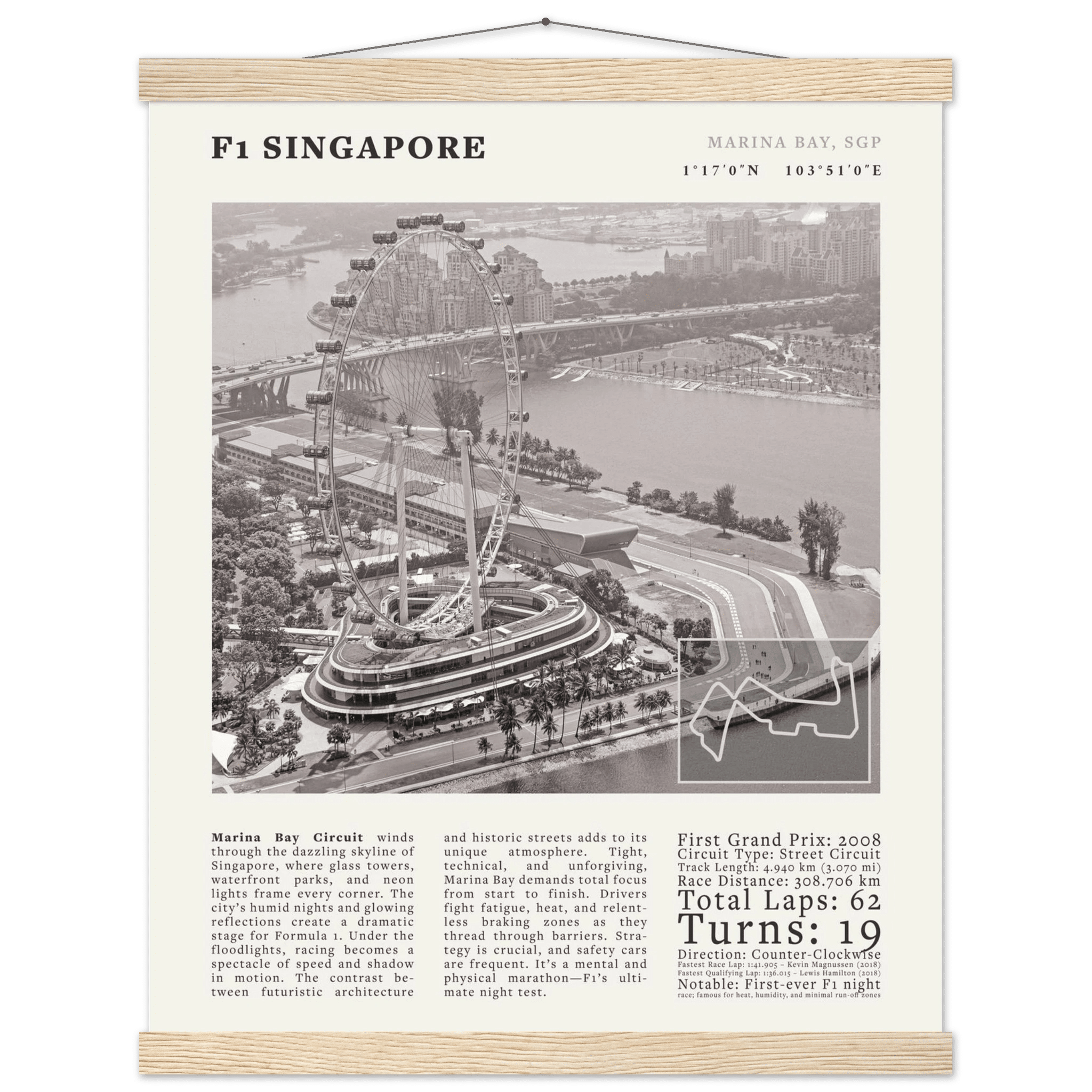 F1 Singapore Poster Black and White – Vintage Marina Bay Night Race Print (Digital & Printed Options) - Evergreen Posters