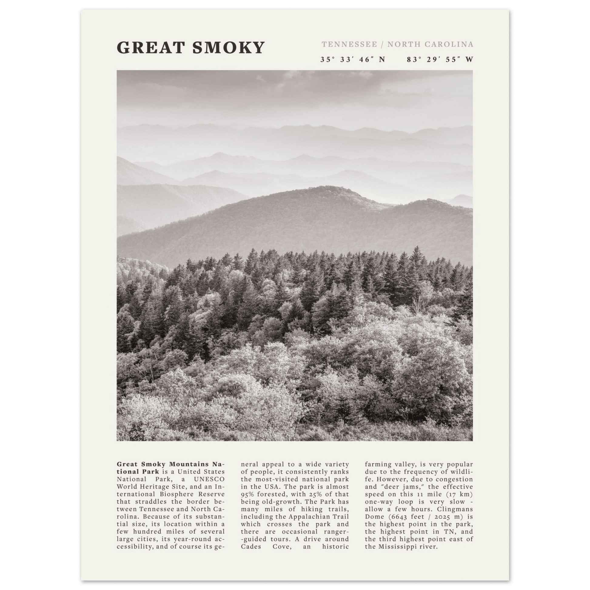 Great Smoky Mountains Poster | Black & White National Park Wall Art | Tennessee Print - Evergreen Posters