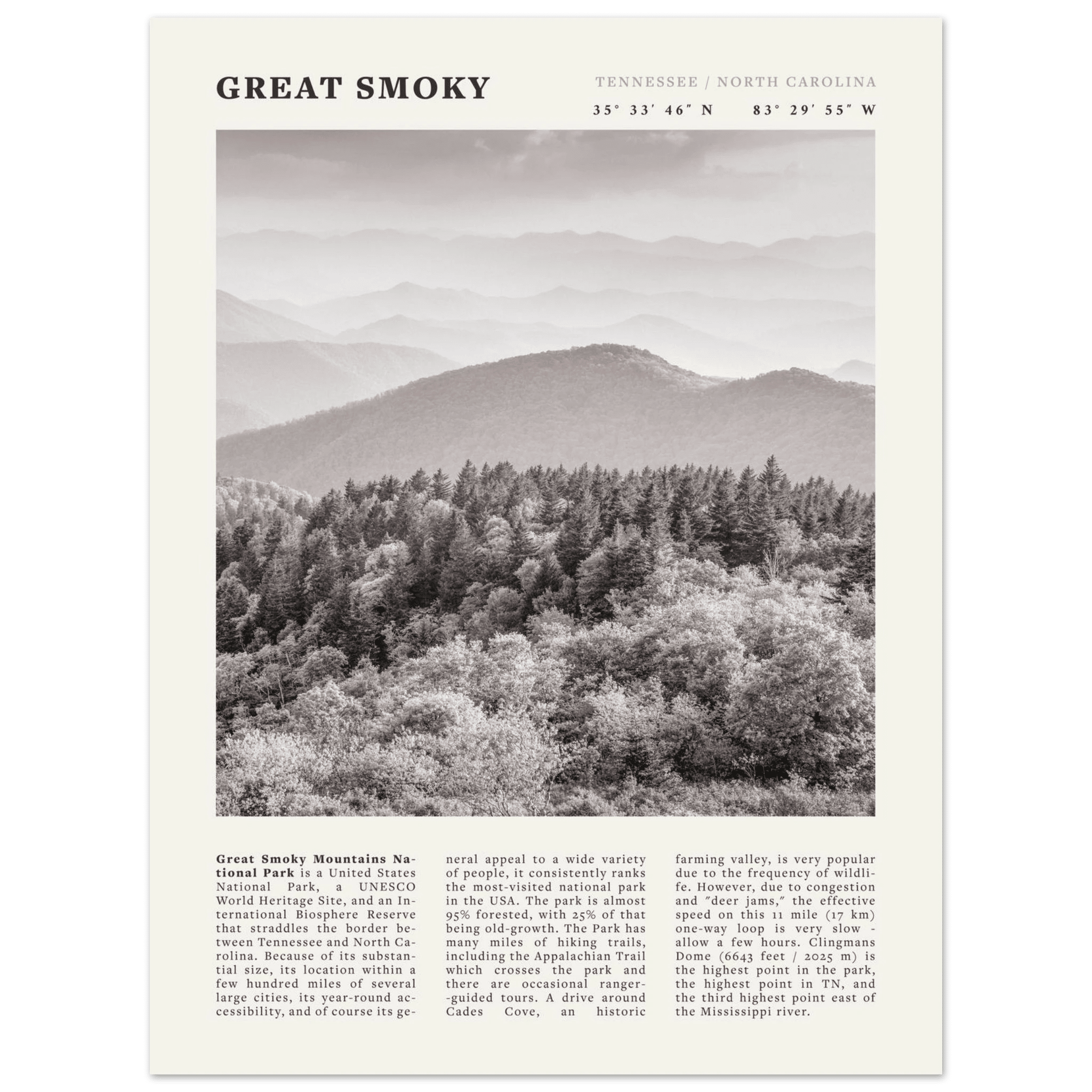 Great Smoky Mountains Poster | Black & White National Park Wall Art | Tennessee Print - Evergreen Posters