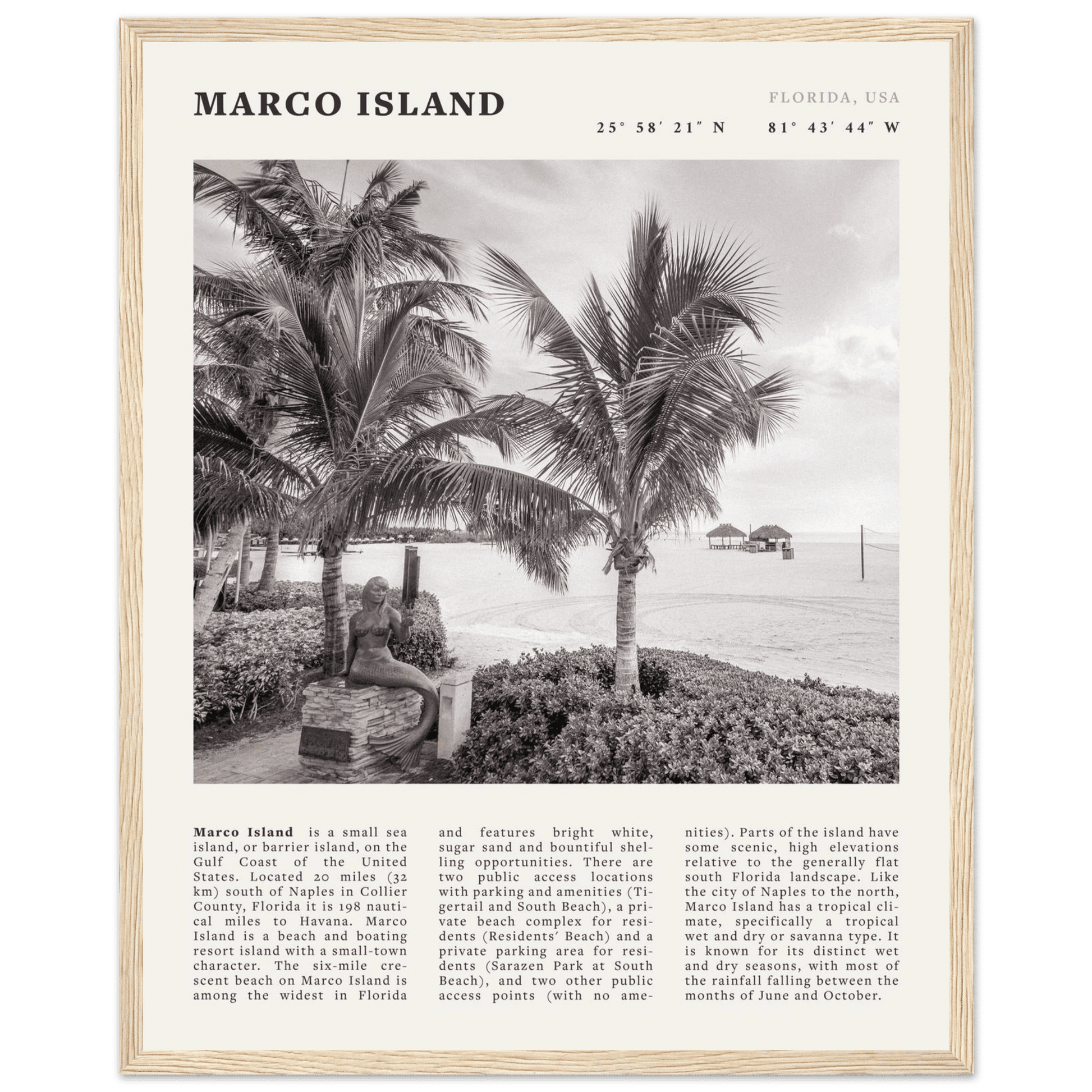 Marco Island Poster | Black & White Florida Beach Wall Art | Coastal Travel Print - Evergreen Posters