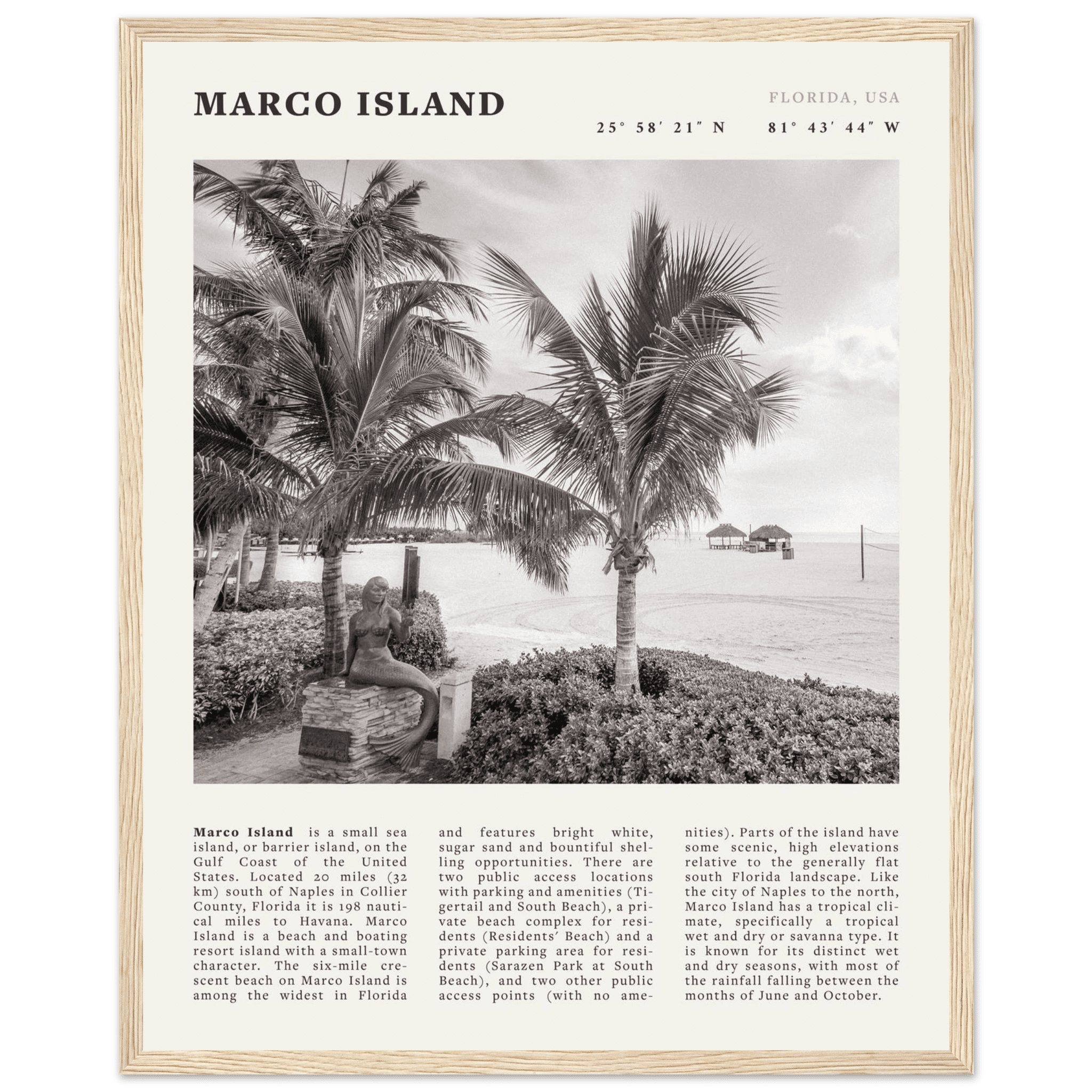 Marco Island Poster | Black & White Florida Beach Wall Art | Coastal Travel Print - Evergreen Posters