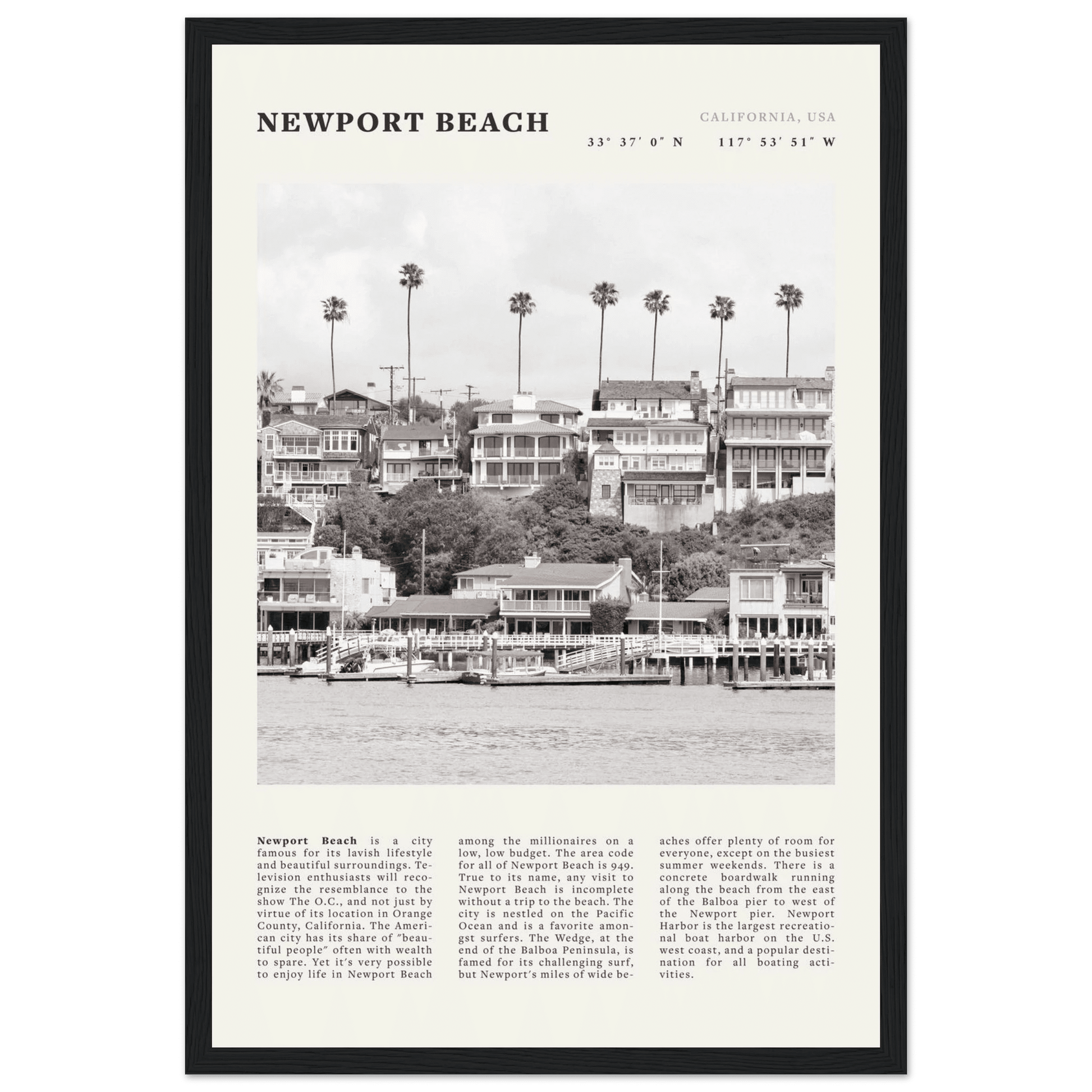 Newport Beach Poster | Black & White California Harbor Wall Art | Coastal Print - Evergreen Posters