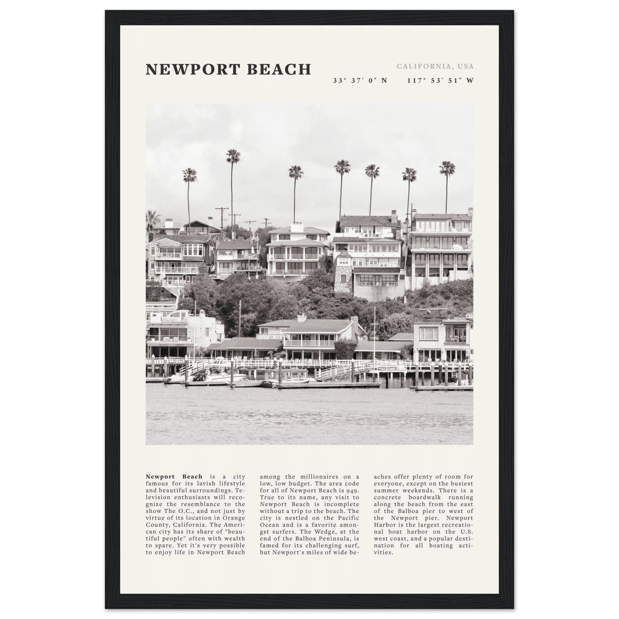 Newport Beach Poster | Black & White California Harbor Wall Art | Coastal Print - Evergreen Posters