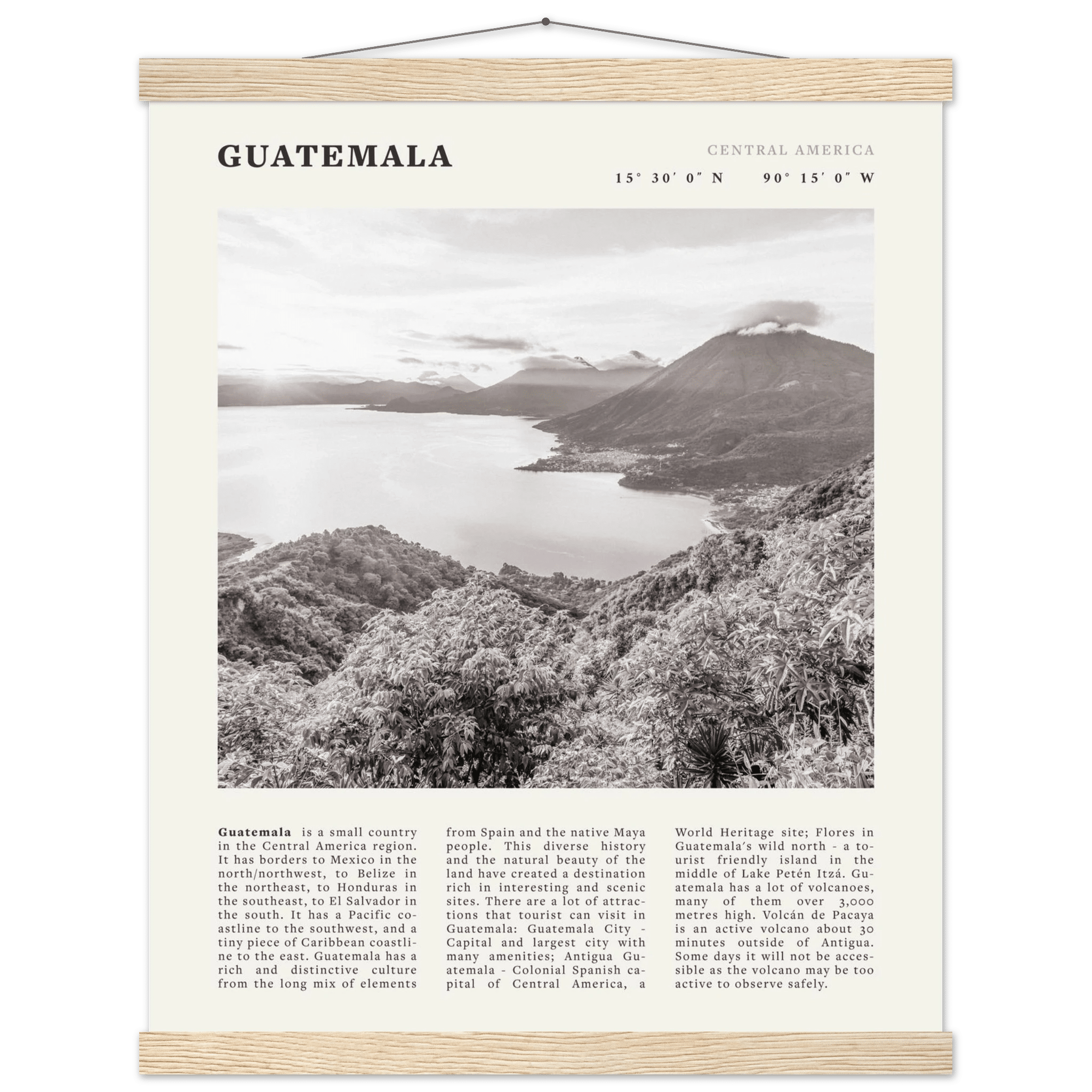 Guatemala Poster | Black & White Lake Atitlan Wall Art | Central America Travel Print - Evergreen Posters