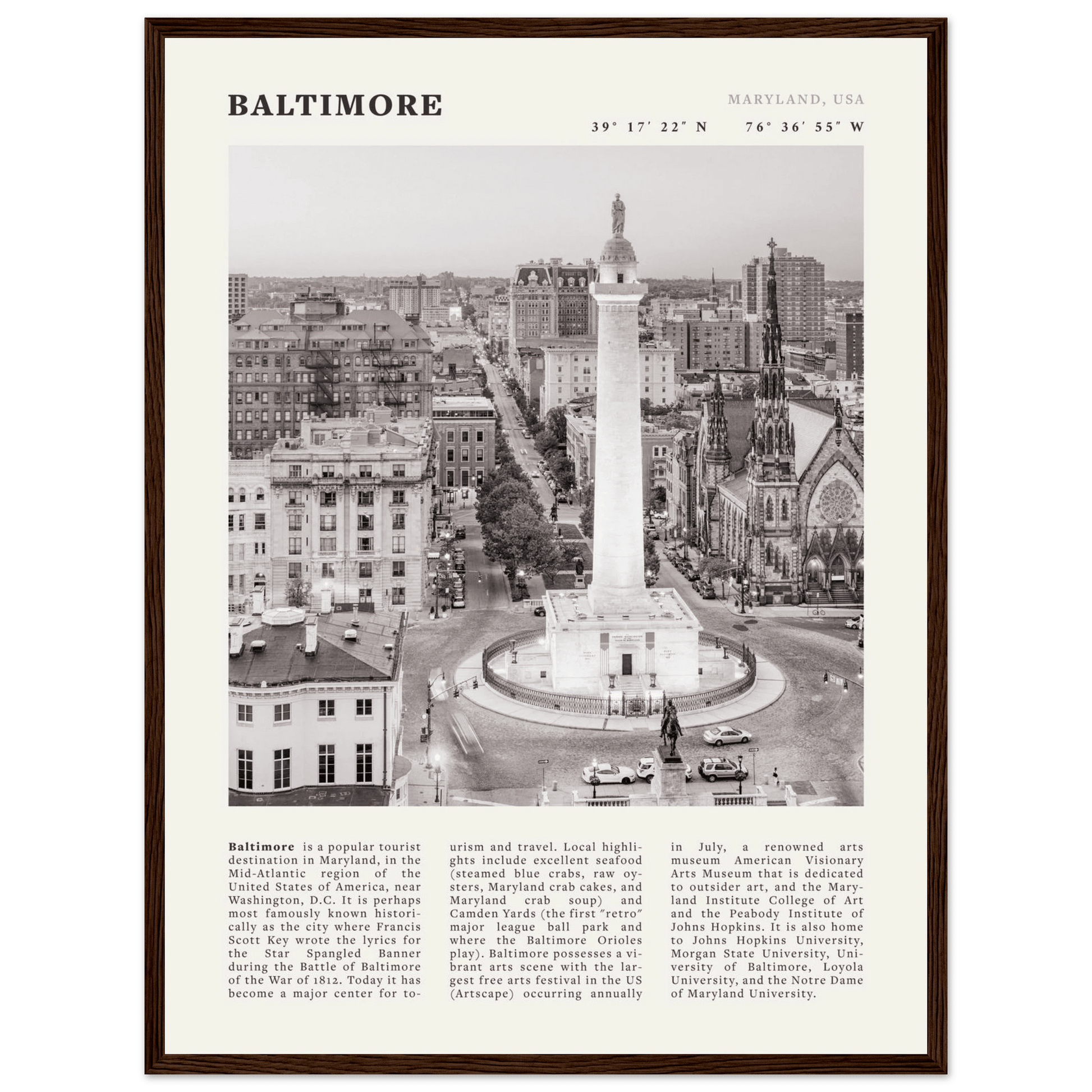Baltimore Poster | Black & White Maryland City Wall Art | USA Travel Print - Evergreen Posters