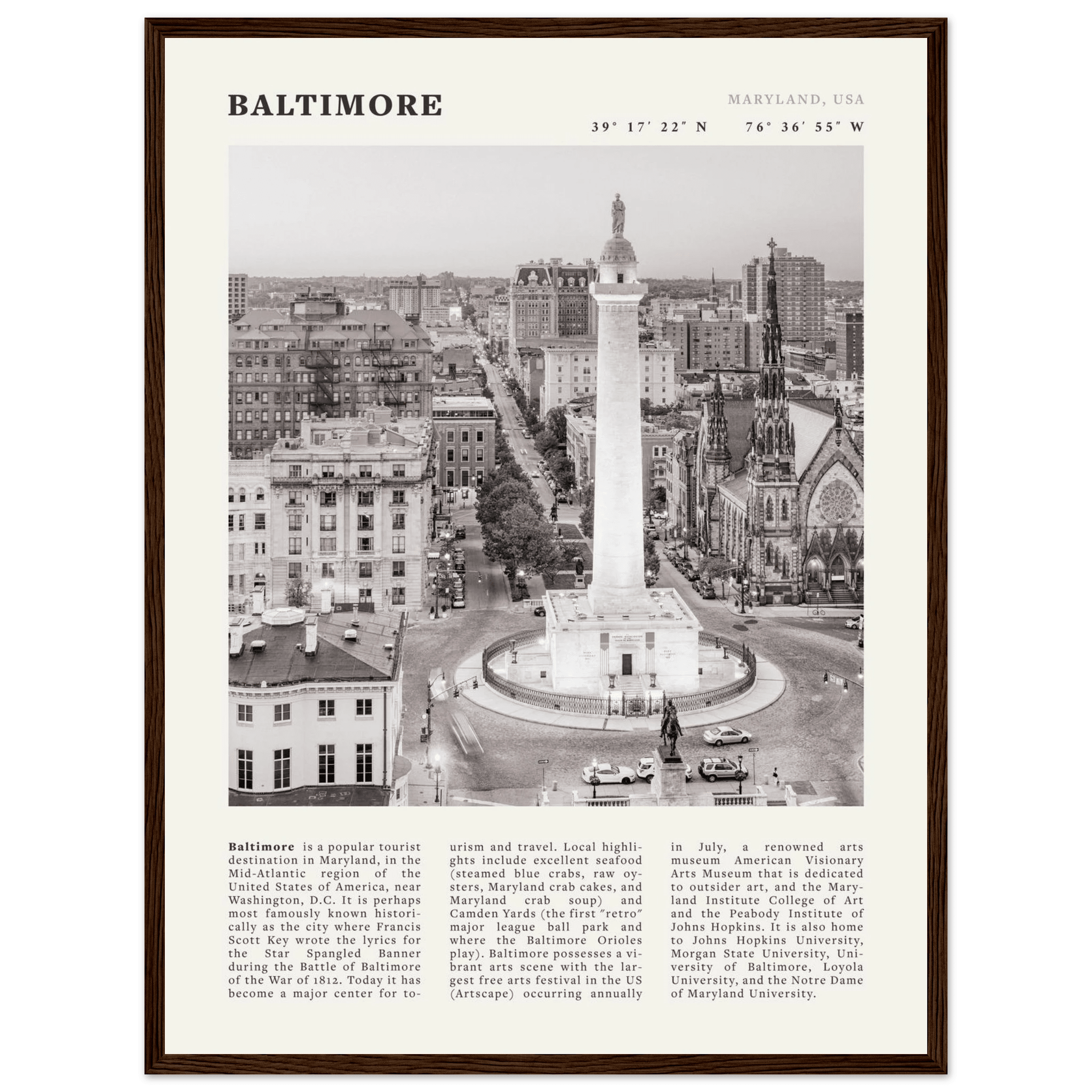 Baltimore Poster | Black & White Maryland City Wall Art | USA Travel Print - Evergreen Posters