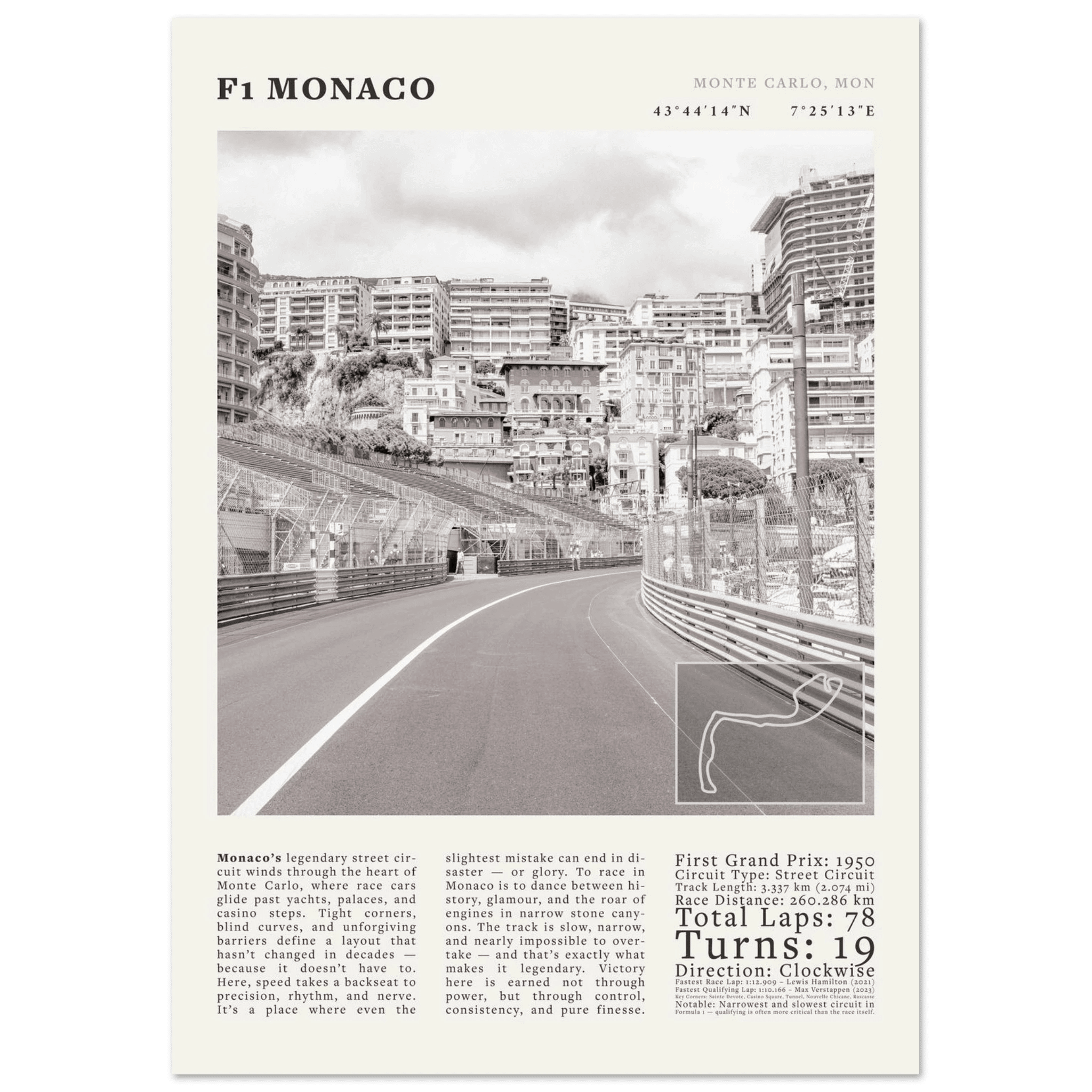 F1 Monaco Poster Black and White – Vintage Monte Carlo Street Circuit Print (Digital & Printed Options) - Evergreen Posters