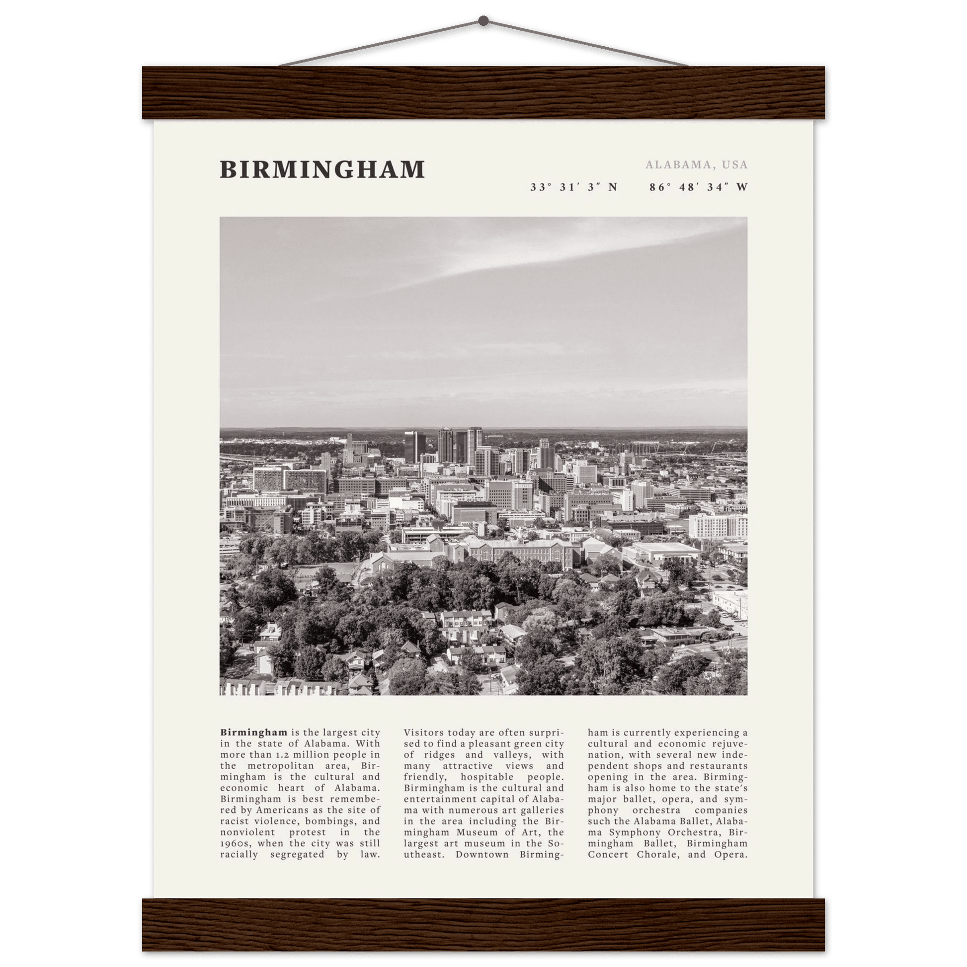 Birmingham Poster | Black & White Alabama Skyline Wall Art | AL Travel Print - Evergreen Posters