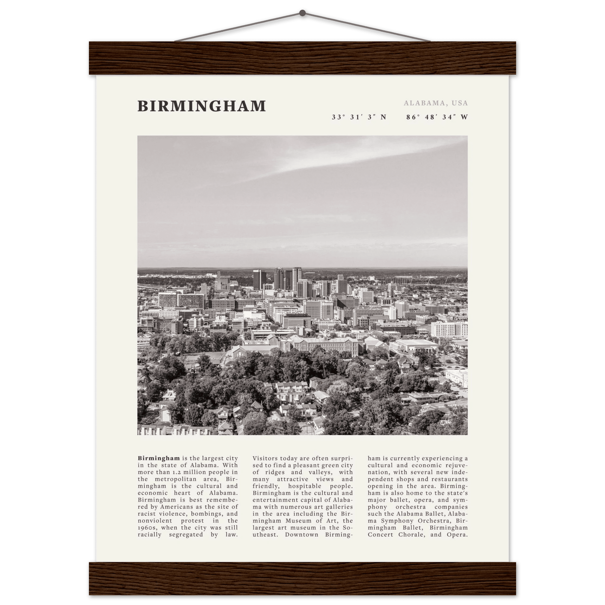 Birmingham Poster | Black & White Alabama Skyline Wall Art | AL Travel Print - Evergreen Posters