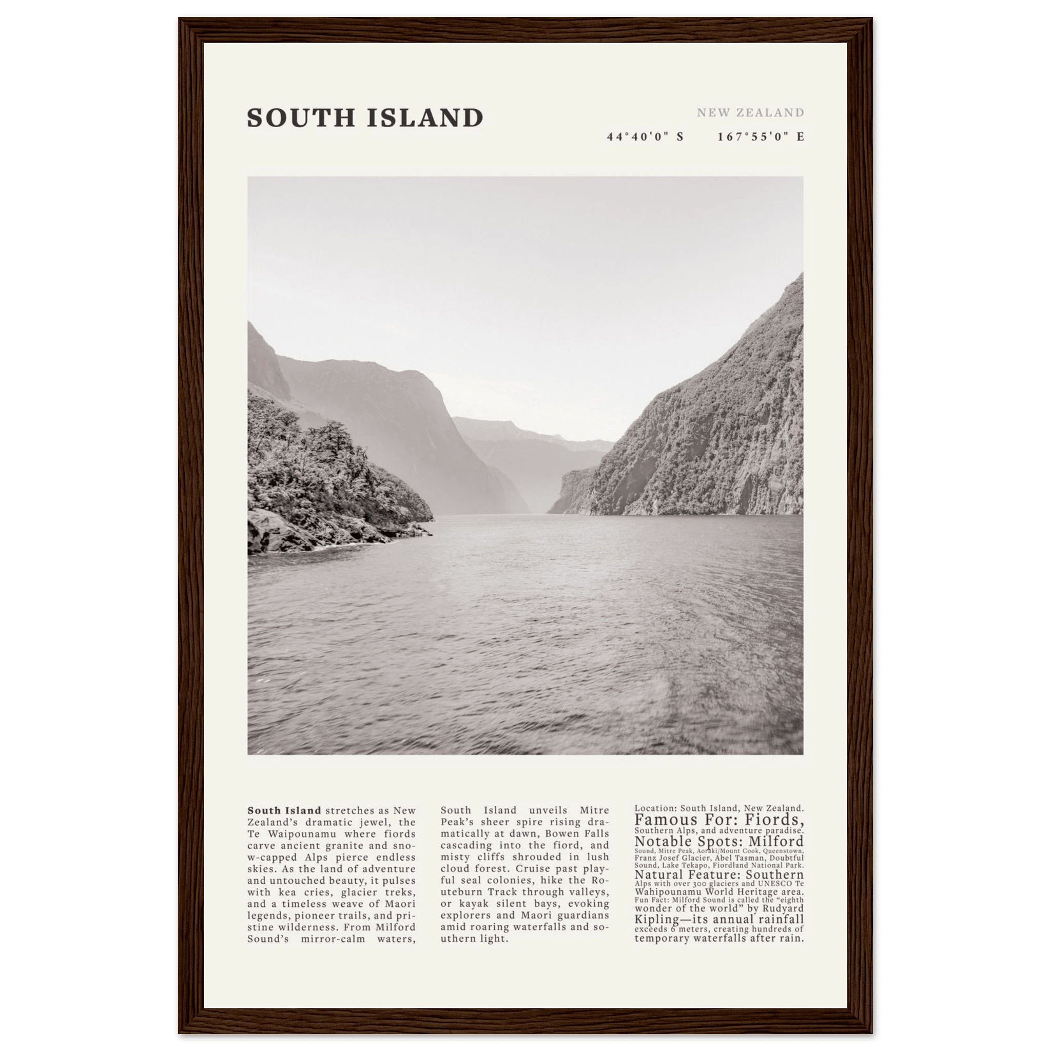 South Island New Zealand Poster Black and White – Vintage Milford Sound Fjord Print - Evergreen Posters