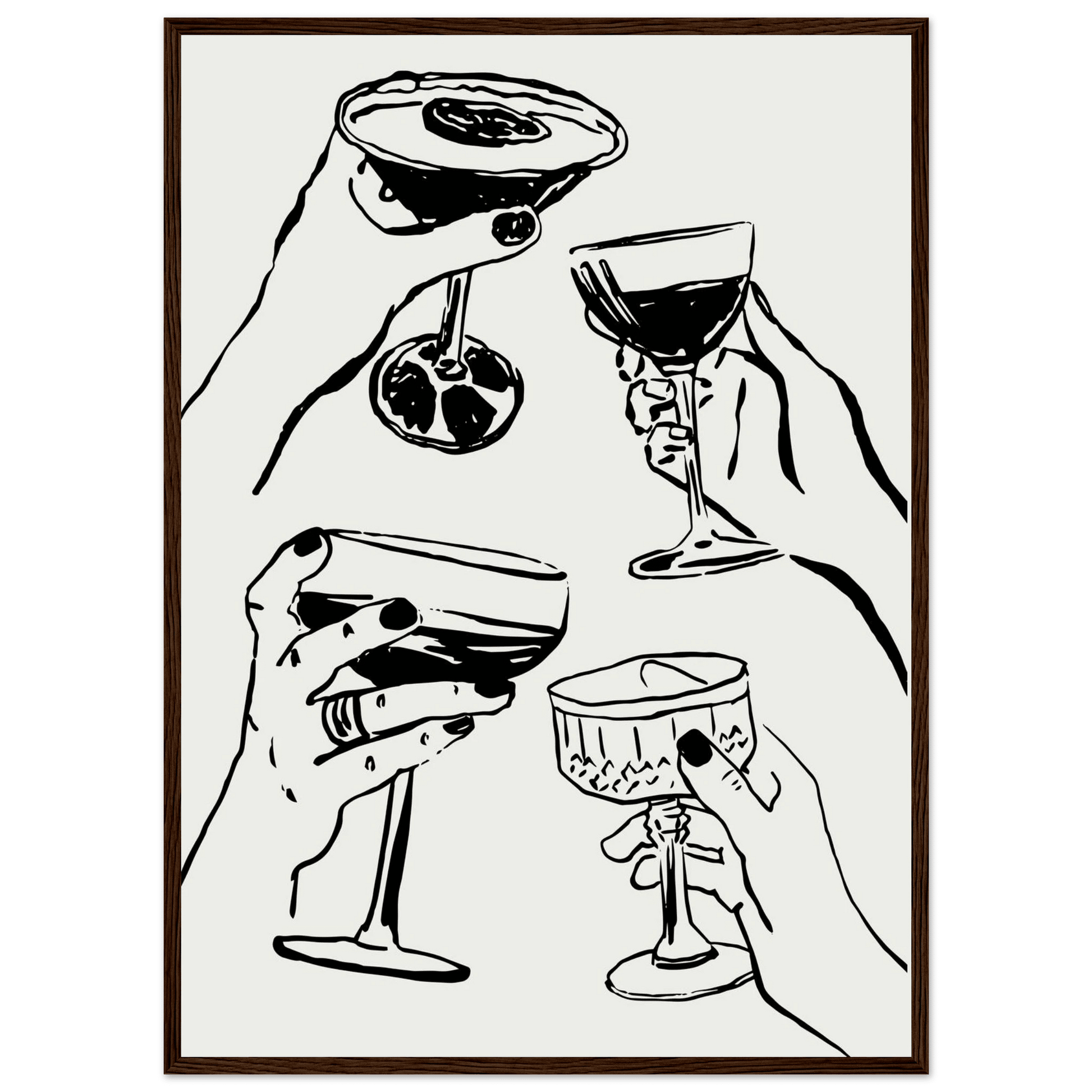 Cheers Print | Black Line Art Cocktail Glasses Wall Art | Kitchen Bar Poster - Evergreen Posters