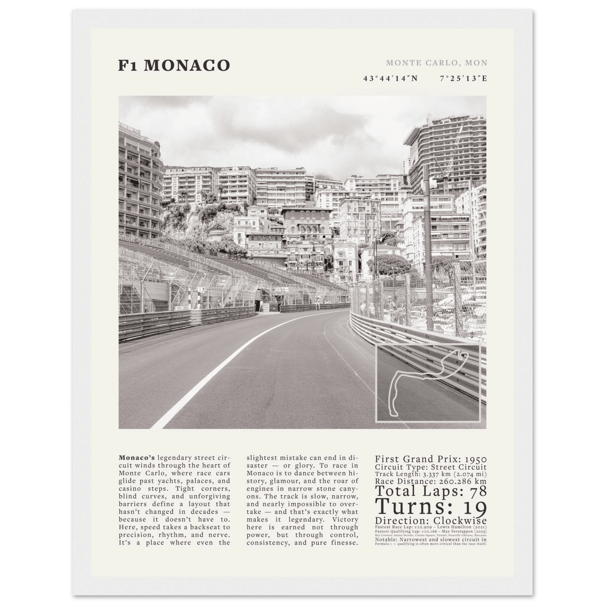 F1 Monaco Poster Black and White – Vintage Monte Carlo Street Circuit Print (Digital & Printed Options) - Evergreen Posters