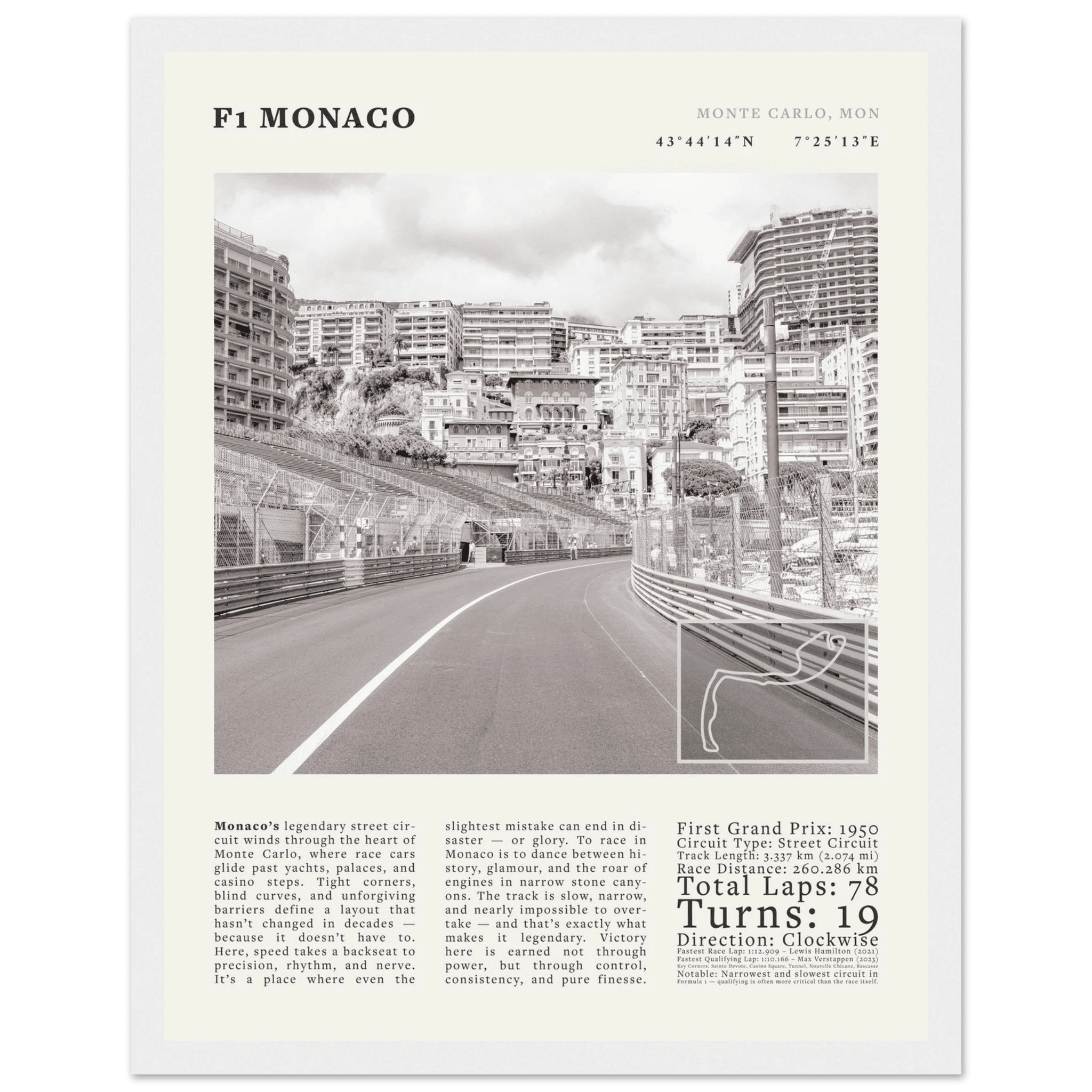 F1 Monaco Poster Black and White – Vintage Monte Carlo Street Circuit Print (Digital & Printed Options) - Evergreen Posters