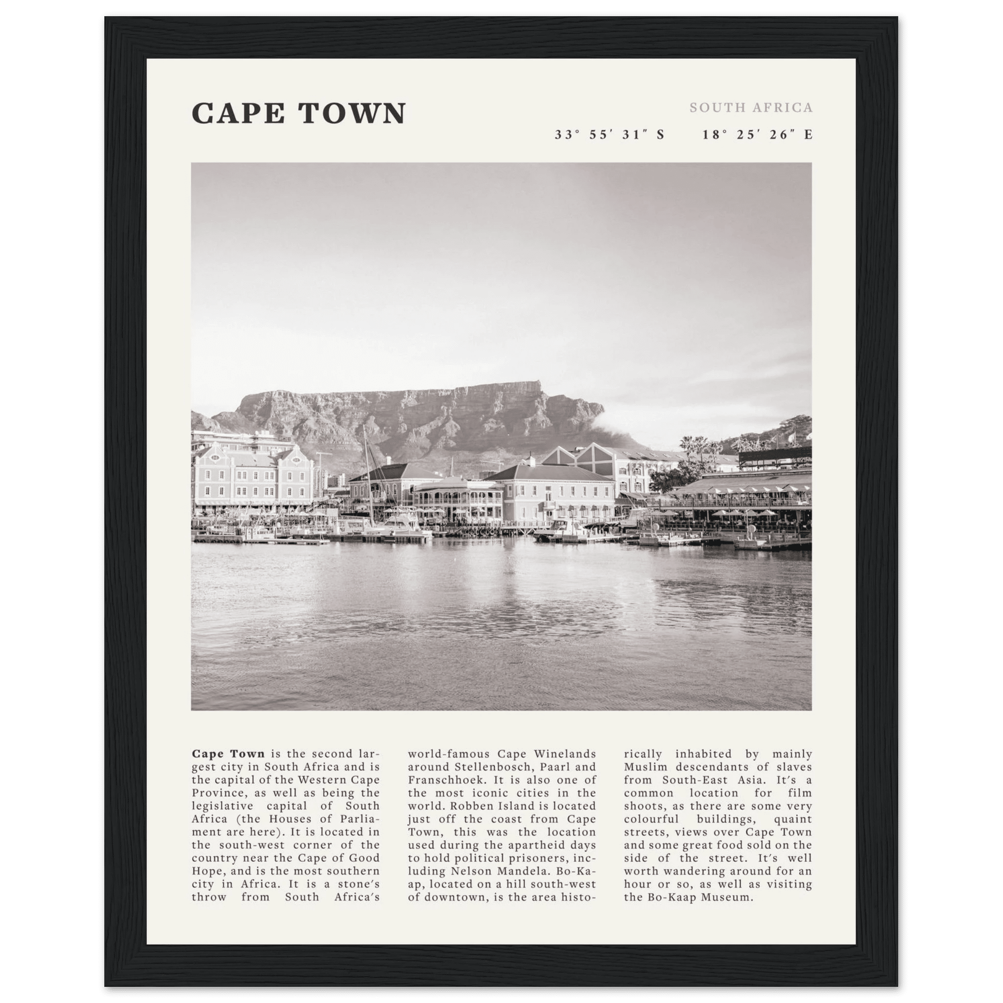 Cape Town Poster | Black & White Table Mountain Wall Art | South Africa Travel Print - Evergreen Posters