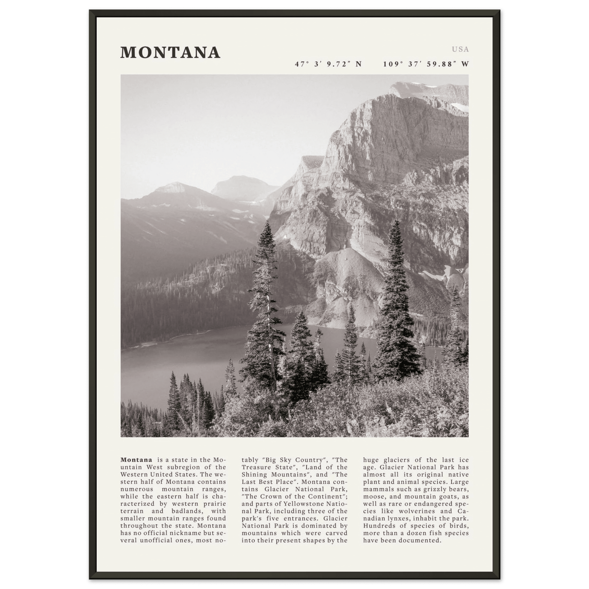 Montana Poster | Black & White Glacier National Park Wall Art | Nature Travel Print - Evergreen Posters