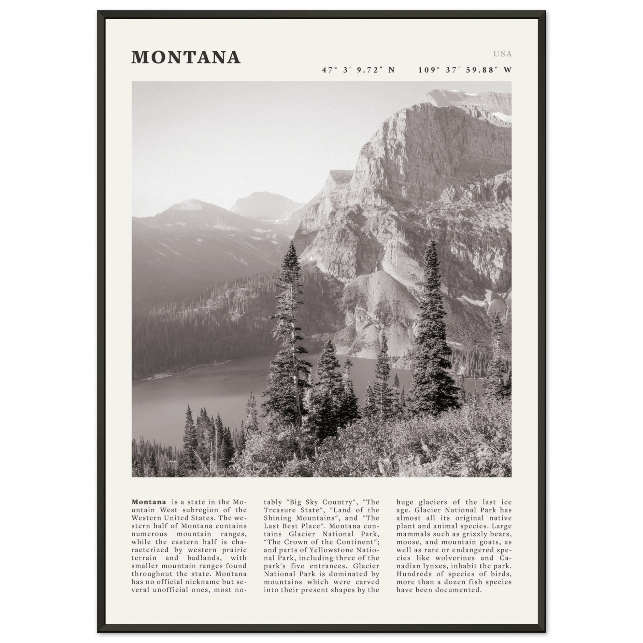 Montana Poster | Black & White Glacier National Park Wall Art | Nature Travel Print - Evergreen Posters