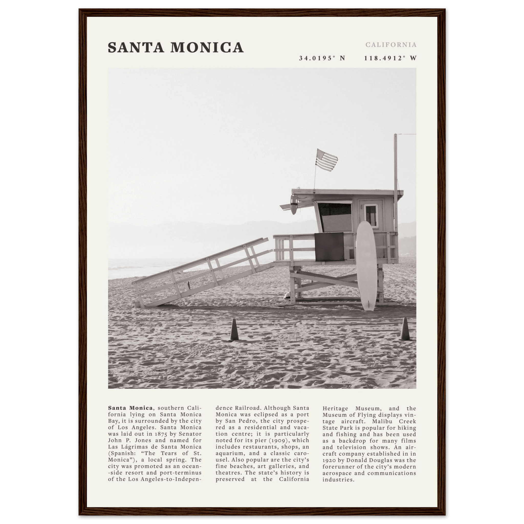 Santa Monica Poster | Black & White California Wall Art | Beach Travel Print | Coastal Decor - Evergreen Posters