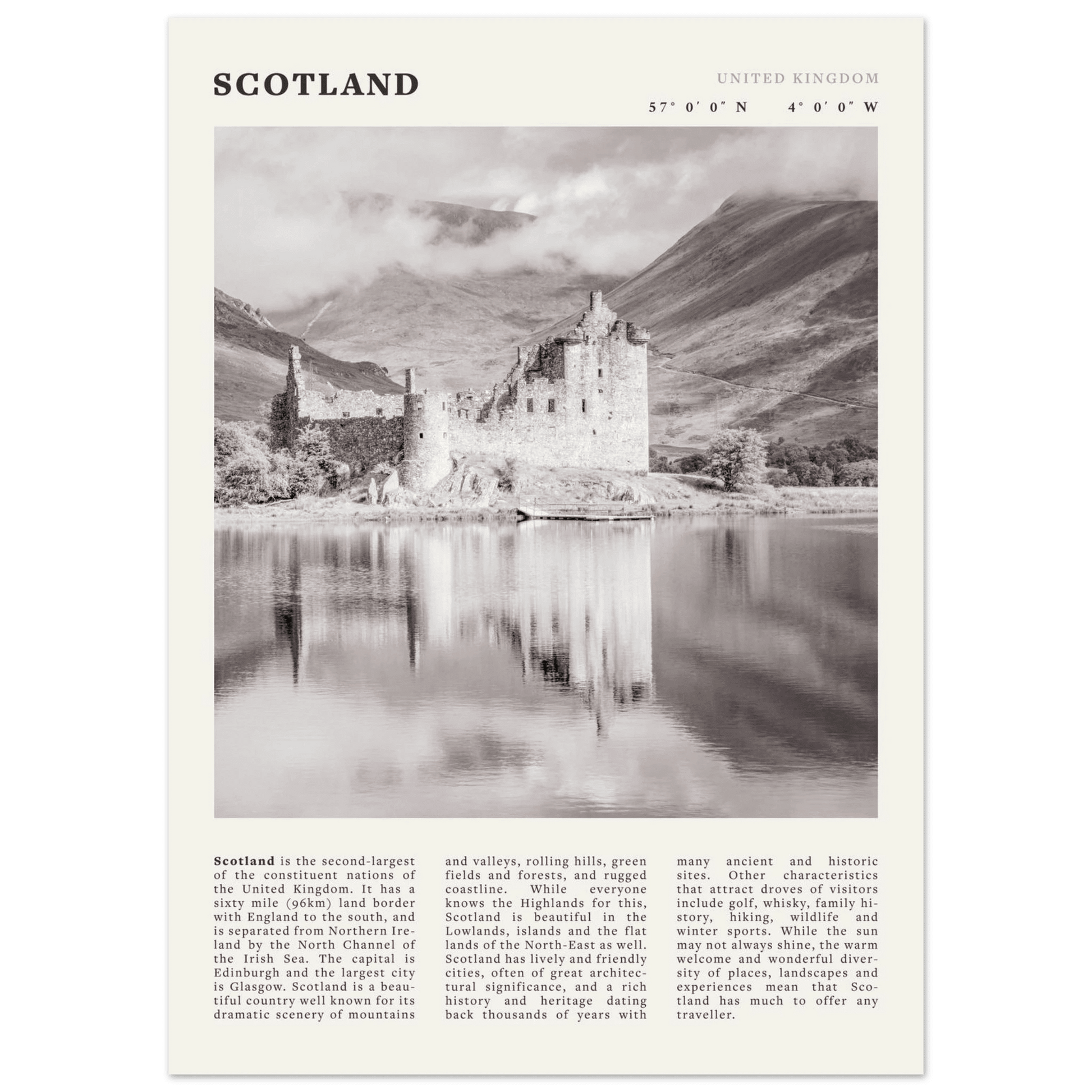 Scotland Poster | Black & White Highland Castle Wall Art | UK Travel Print Decor - Evergreen Posters