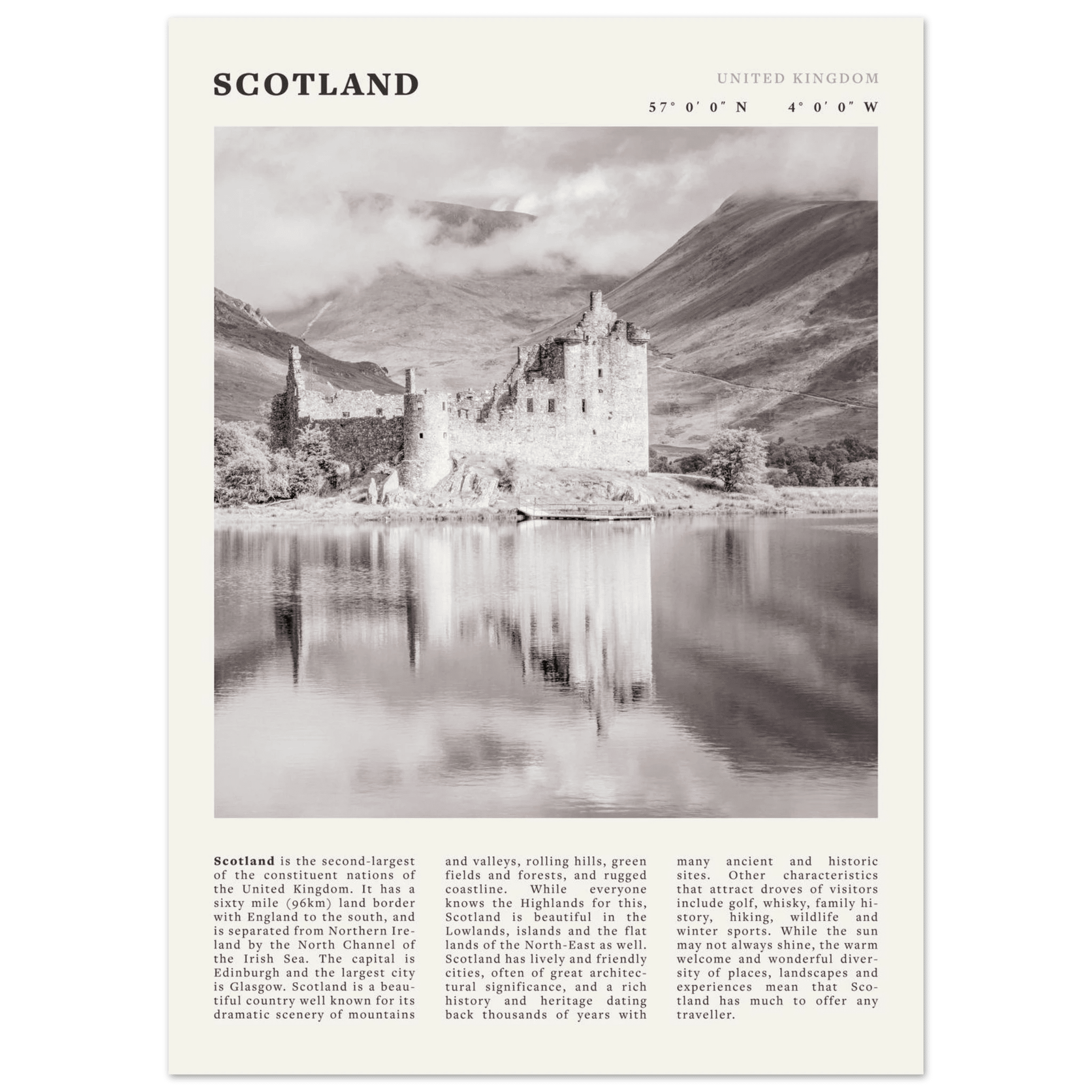 Scotland Poster | Black & White Highland Castle Wall Art | UK Travel Print Decor - Evergreen Posters