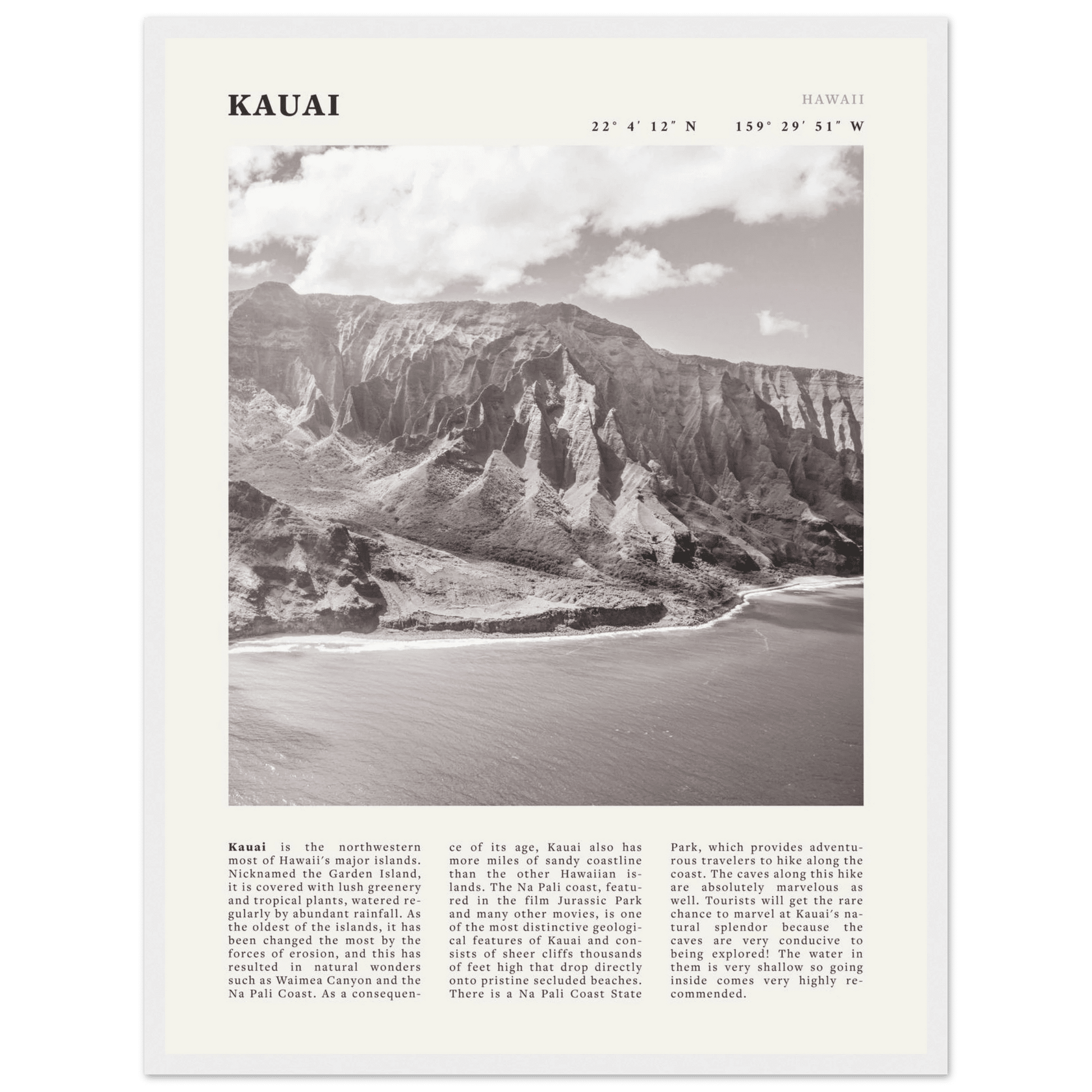 Kauai Poster | Black & White Na Pali Coast Wall Art | Hawaii Travel Print Decor - Evergreen Posters