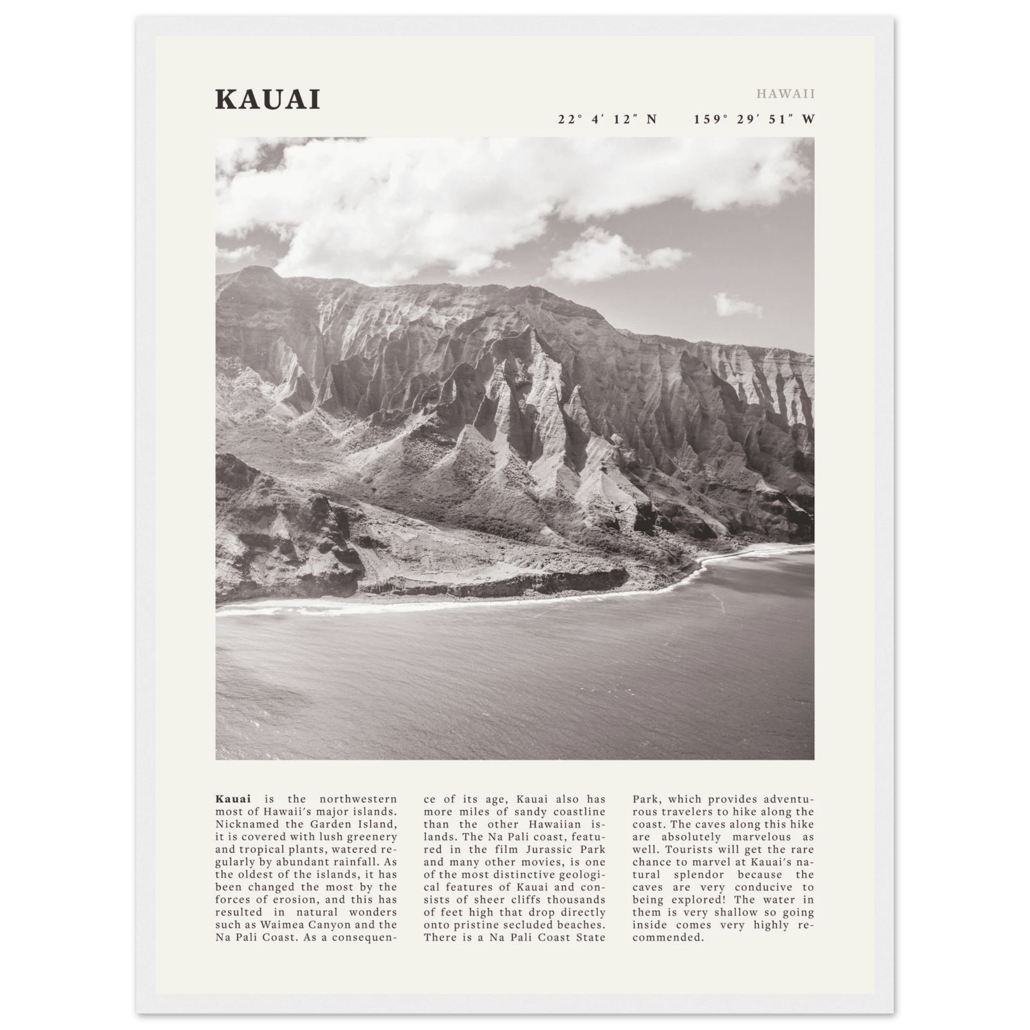 Kauai Poster | Black & White Na Pali Coast Wall Art | Hawaii Travel Print Decor - Evergreen Posters