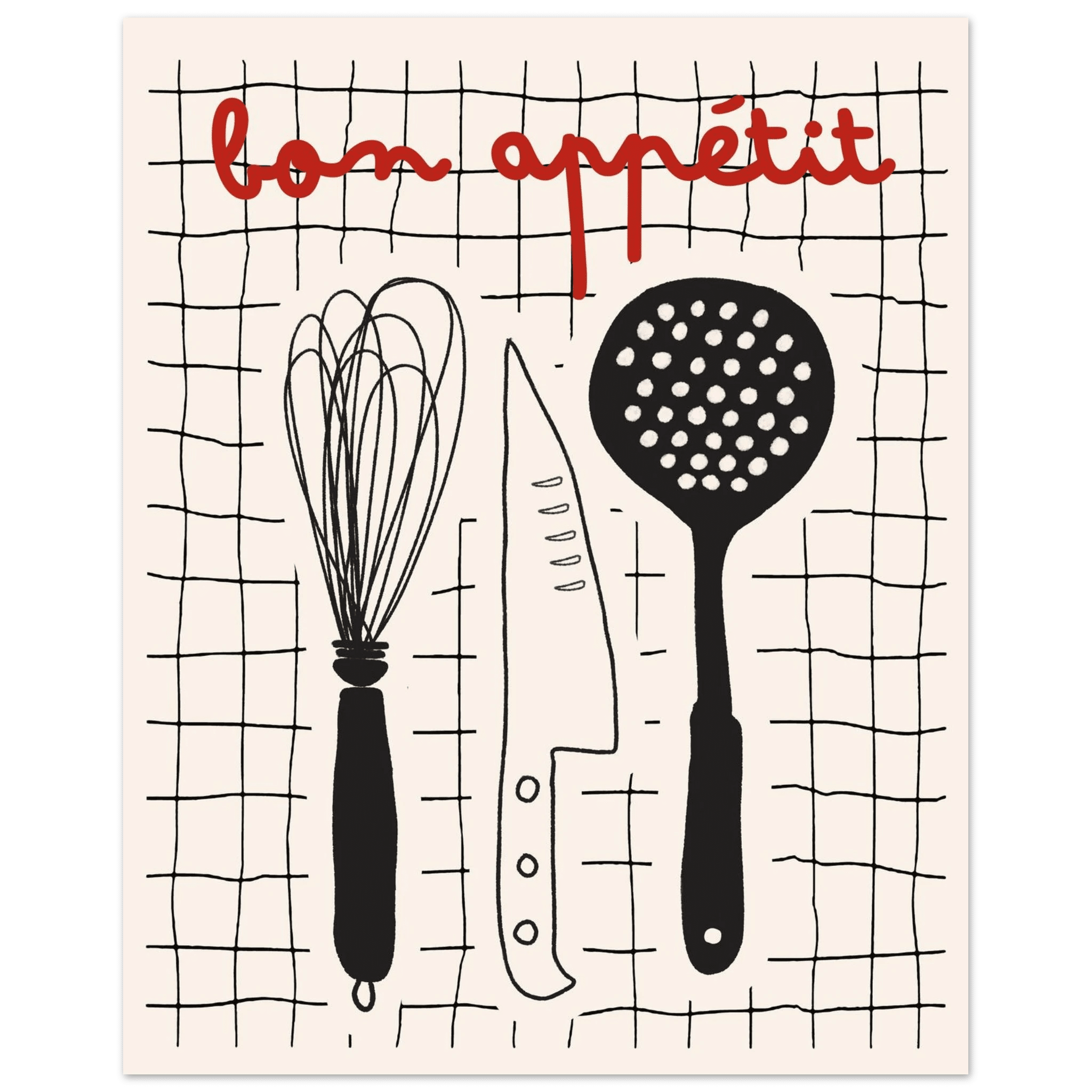 Bon Appétit French Kitchen Print | Bold Black Red Wall Art Poster - Evergreen Posters