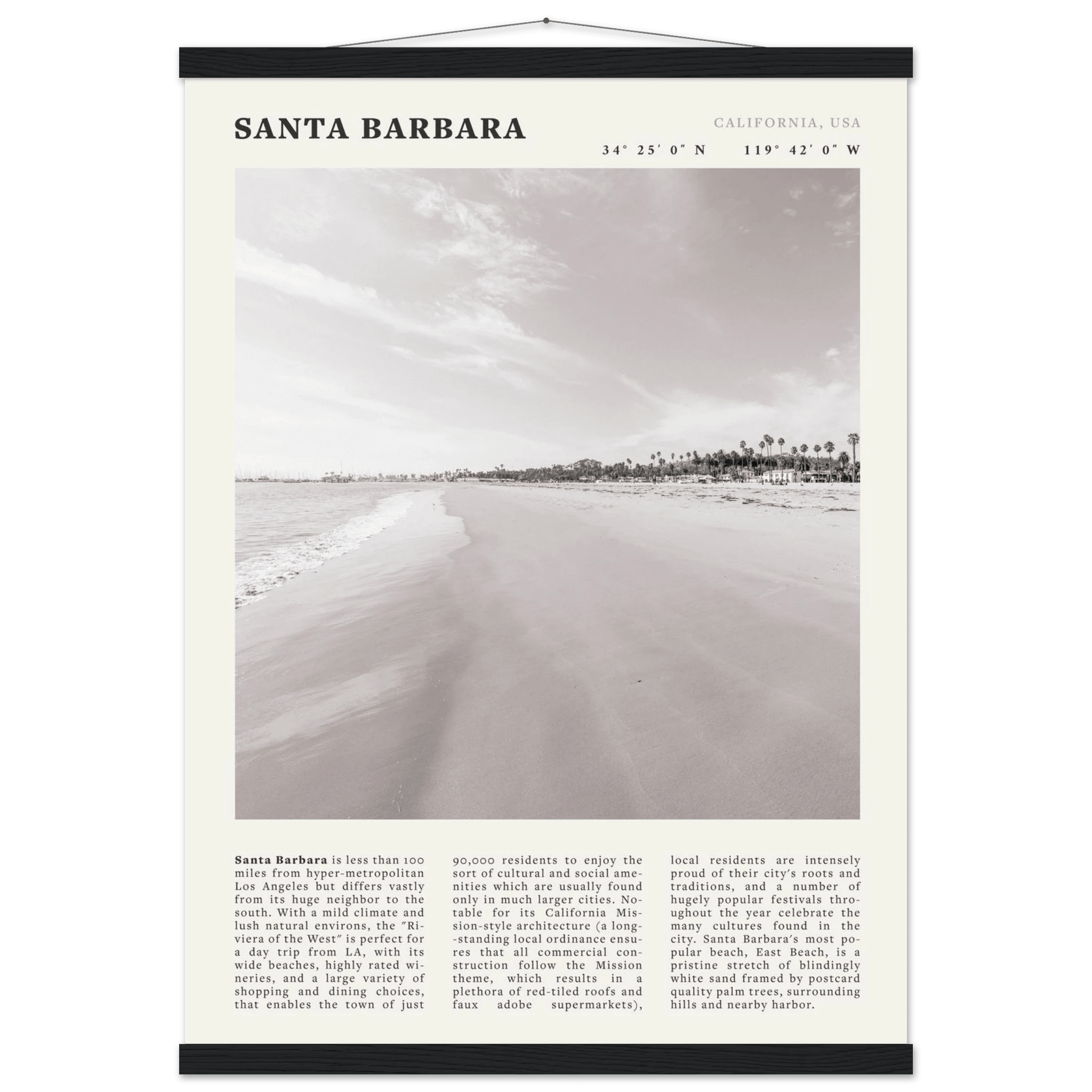 Santa Barbara Poster | Black & White California Beach Wall Art | CA Travel Print - Evergreen Posters