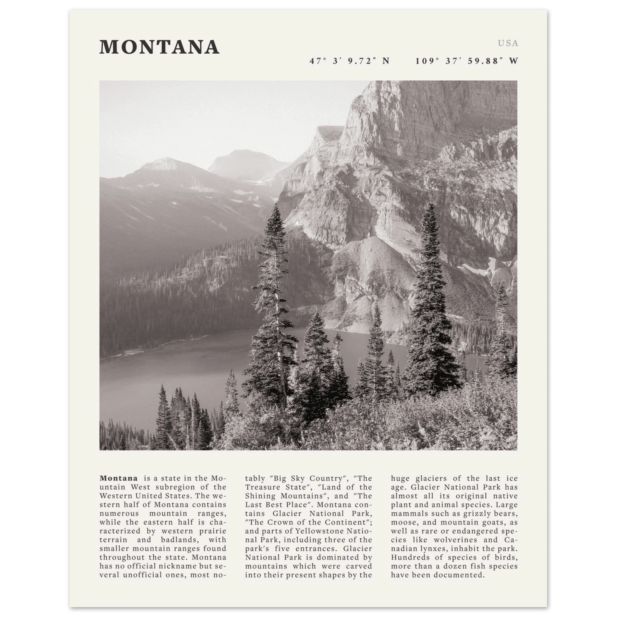 Montana Poster | Black & White Glacier National Park Wall Art | Nature Travel Print - Evergreen Posters