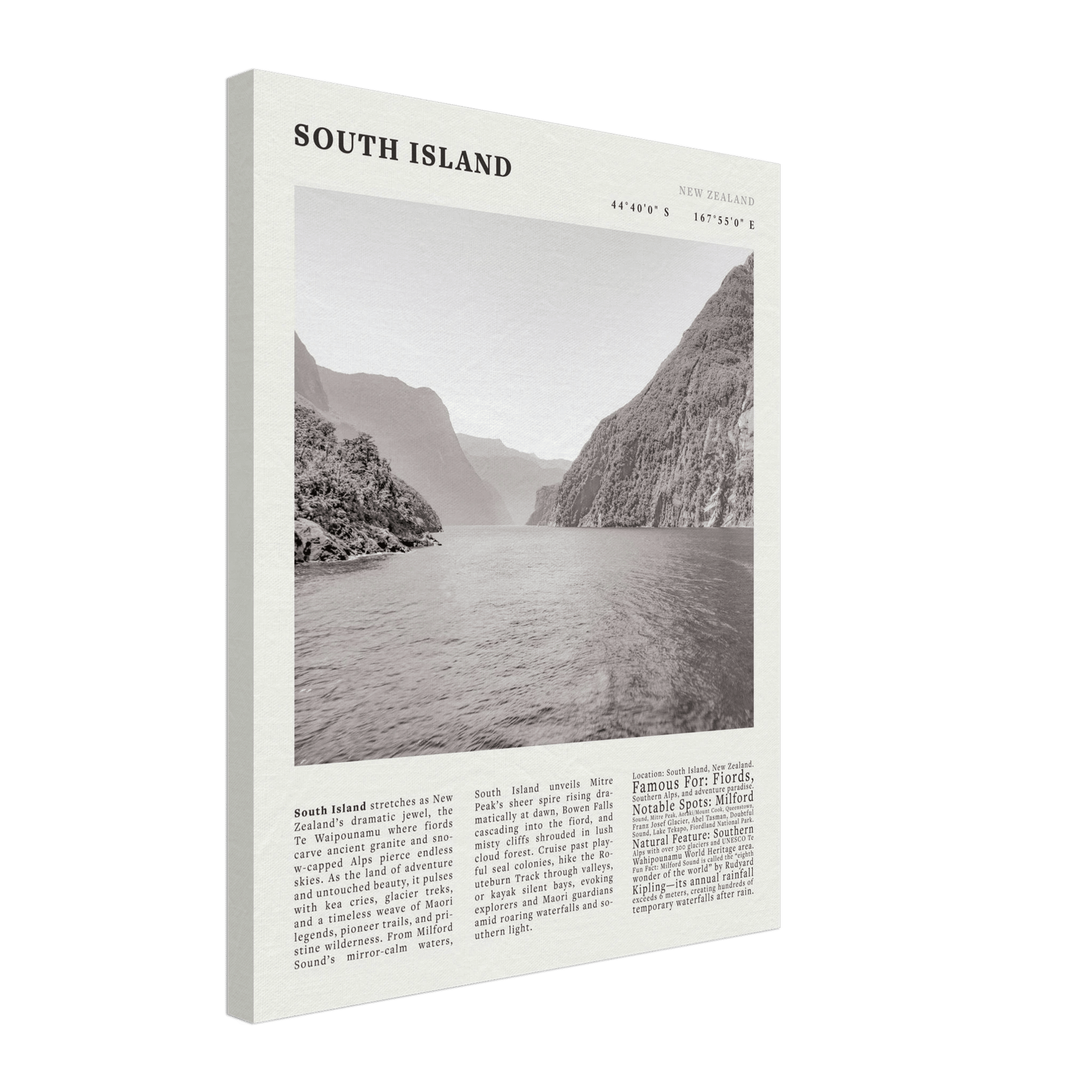 South Island New Zealand Poster Black and White – Vintage Milford Sound Fjord Print - Evergreen Posters