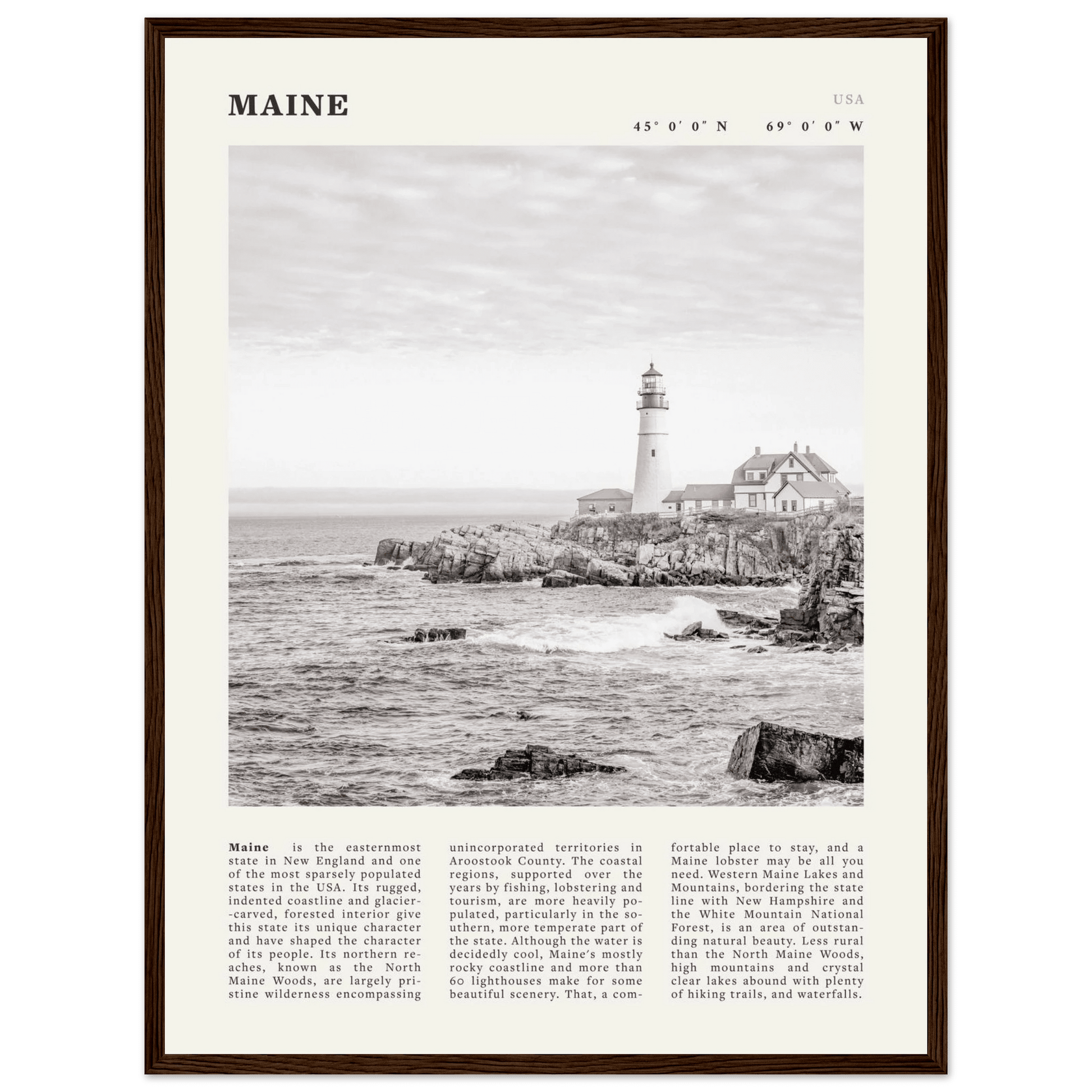 Maine Poster | Black & White Lighthouse Wall Art | New England Coastal Travel Print - Evergreen Posters