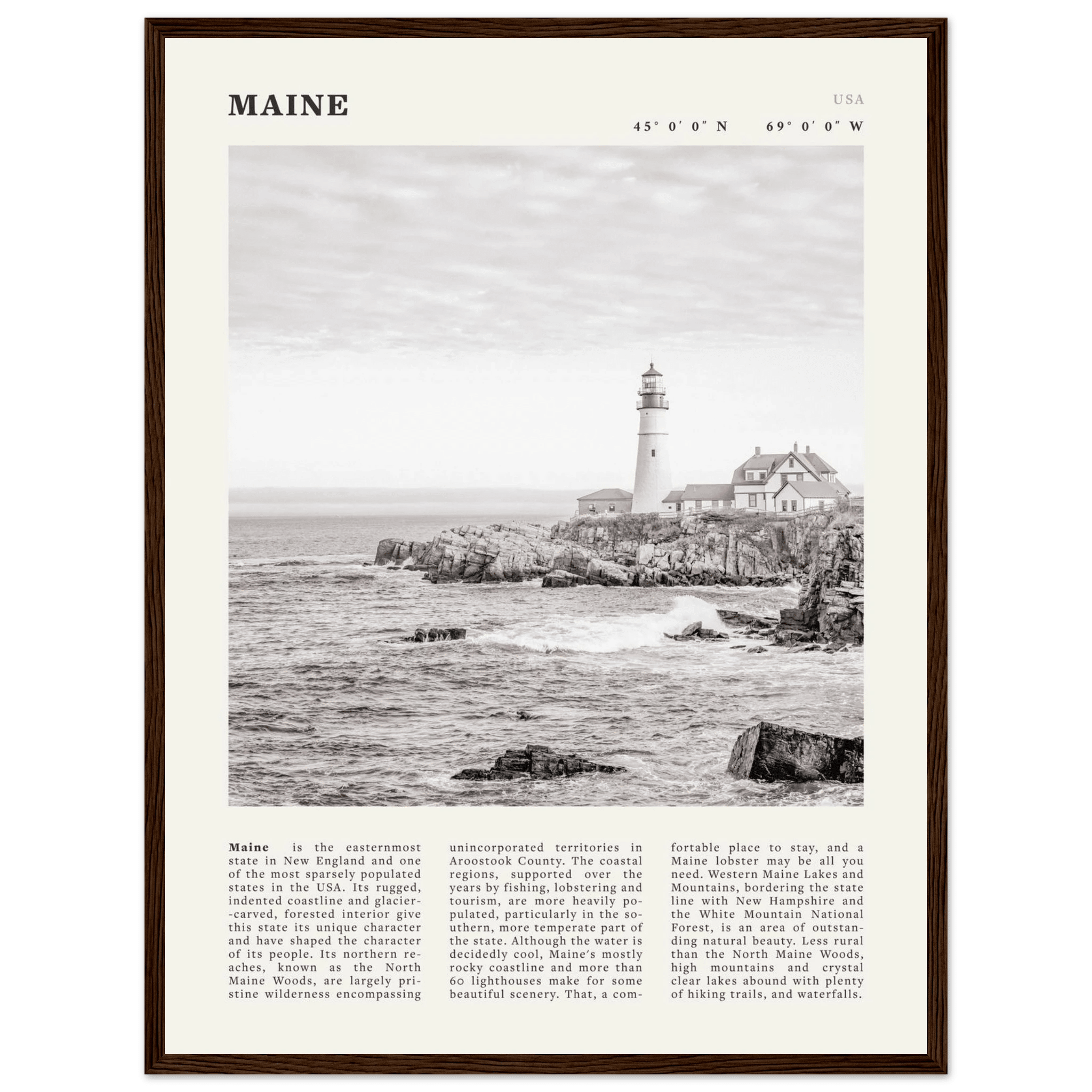 Maine Poster | Black & White Lighthouse Wall Art | New England Coastal Travel Print - Evergreen Posters
