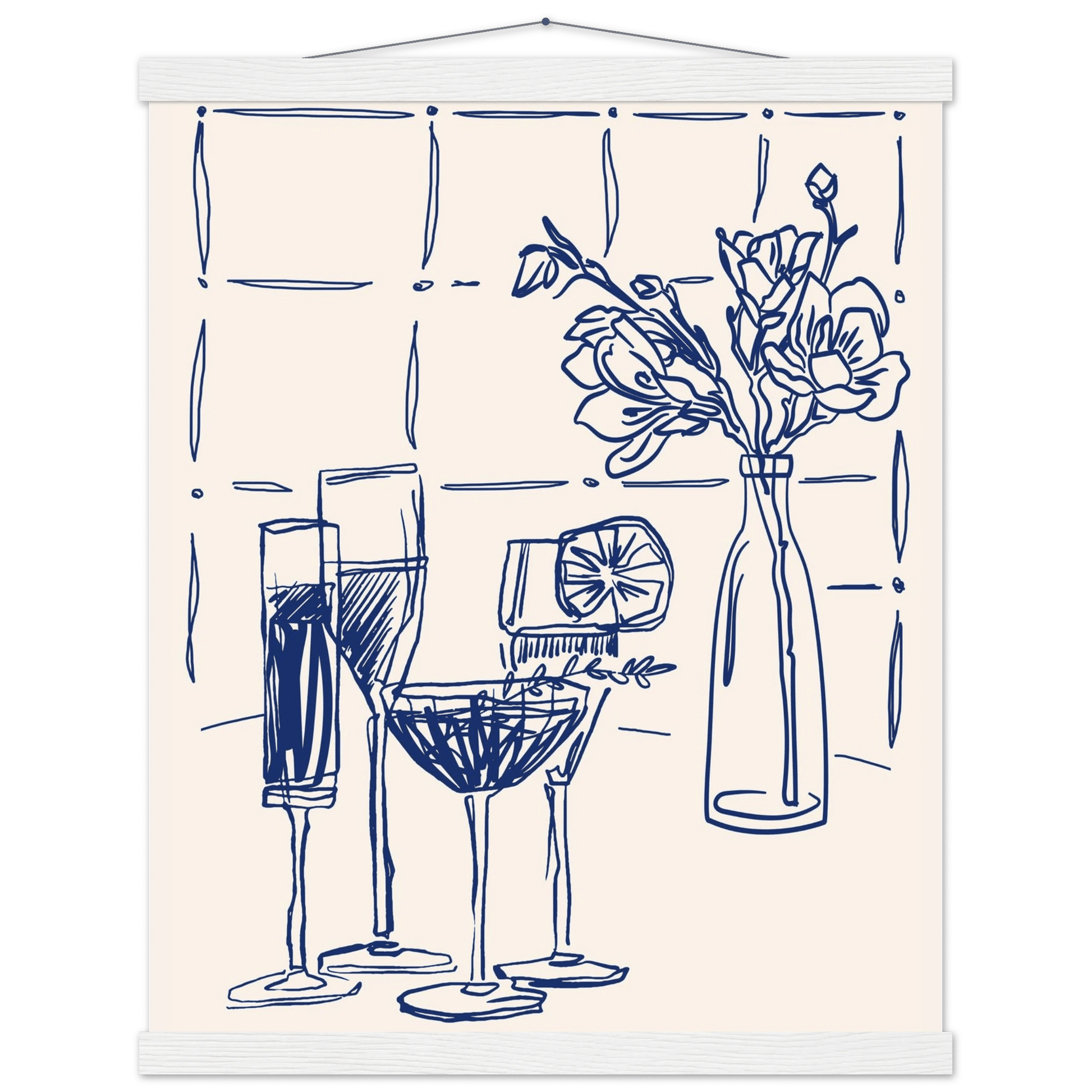 Cocktails & Flowers Print | Navy Blue Line Art Drinks Wall Art | Kitchen Bar Poster - Evergreen Posters