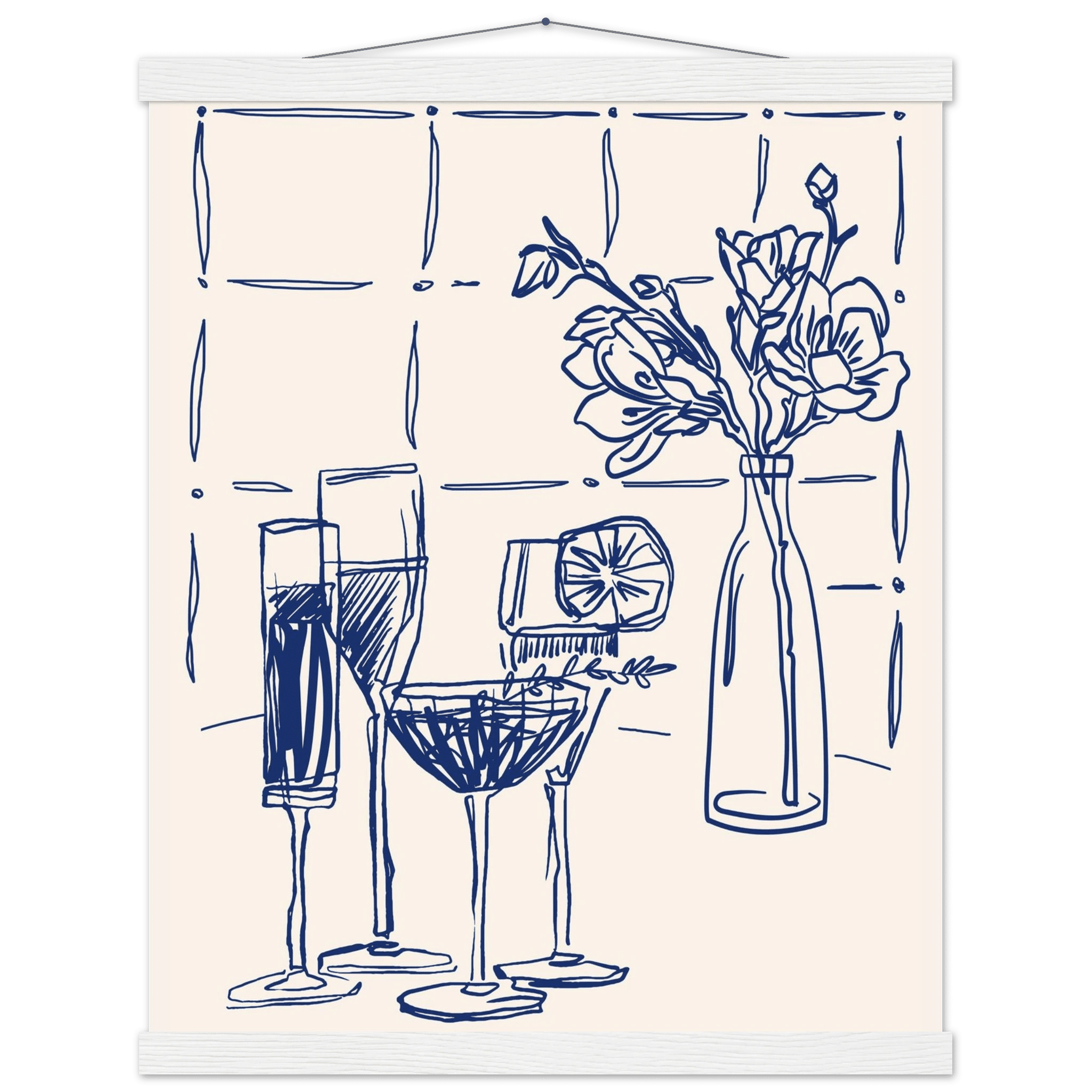 Cocktails & Flowers Print | Navy Blue Line Art Drinks Wall Art | Kitchen Bar Poster - Evergreen Posters