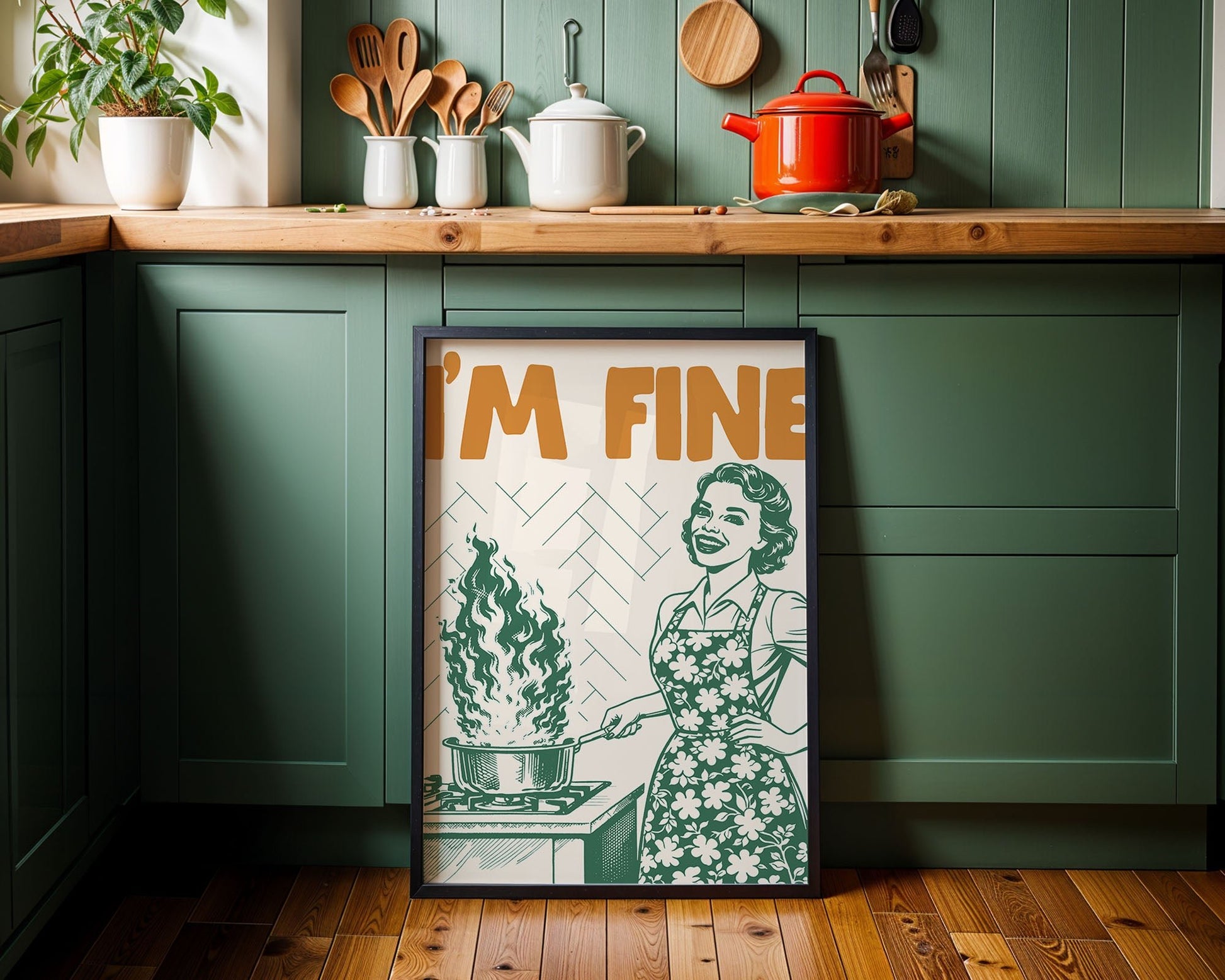 I'm Fine Poster – Funny Retro Kitchen Wall Art Print (Green Edition) - Evergreen Posters