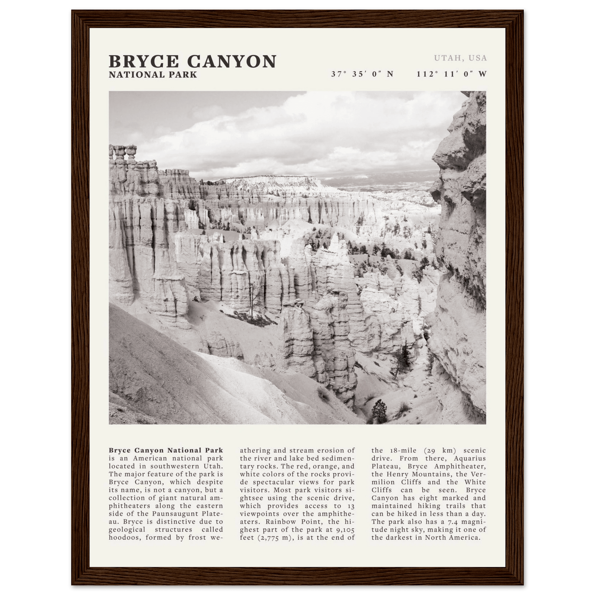 Bryce Canyon National Park Poster | Black & White Utah Hoodoos Wall Art Print - Evergreen Posters - 29