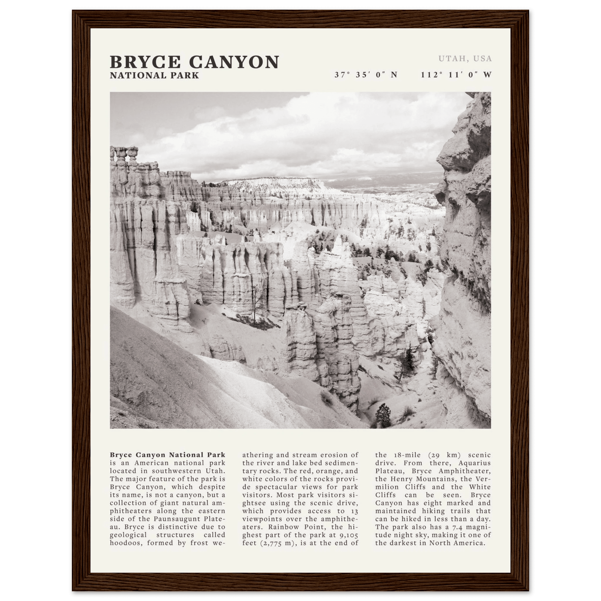 Bryce Canyon National Park Poster | Black & White Utah Hoodoos Wall Art Print - Evergreen Posters - 29