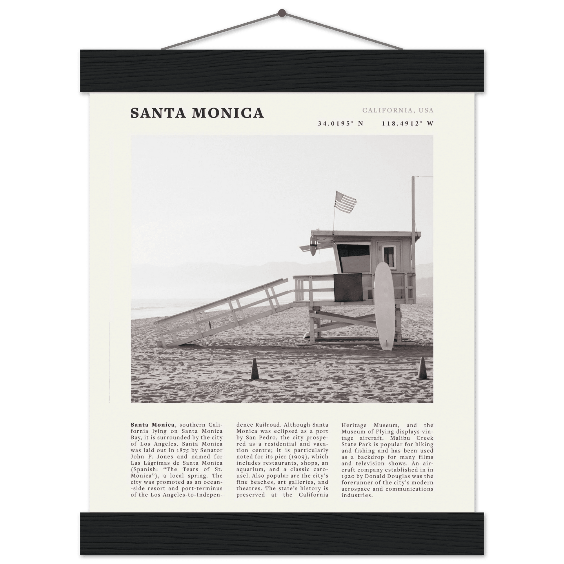 Santa Monica Poster | Black & White California Wall Art | Beach Travel Print | Coastal Decor - Evergreen Posters