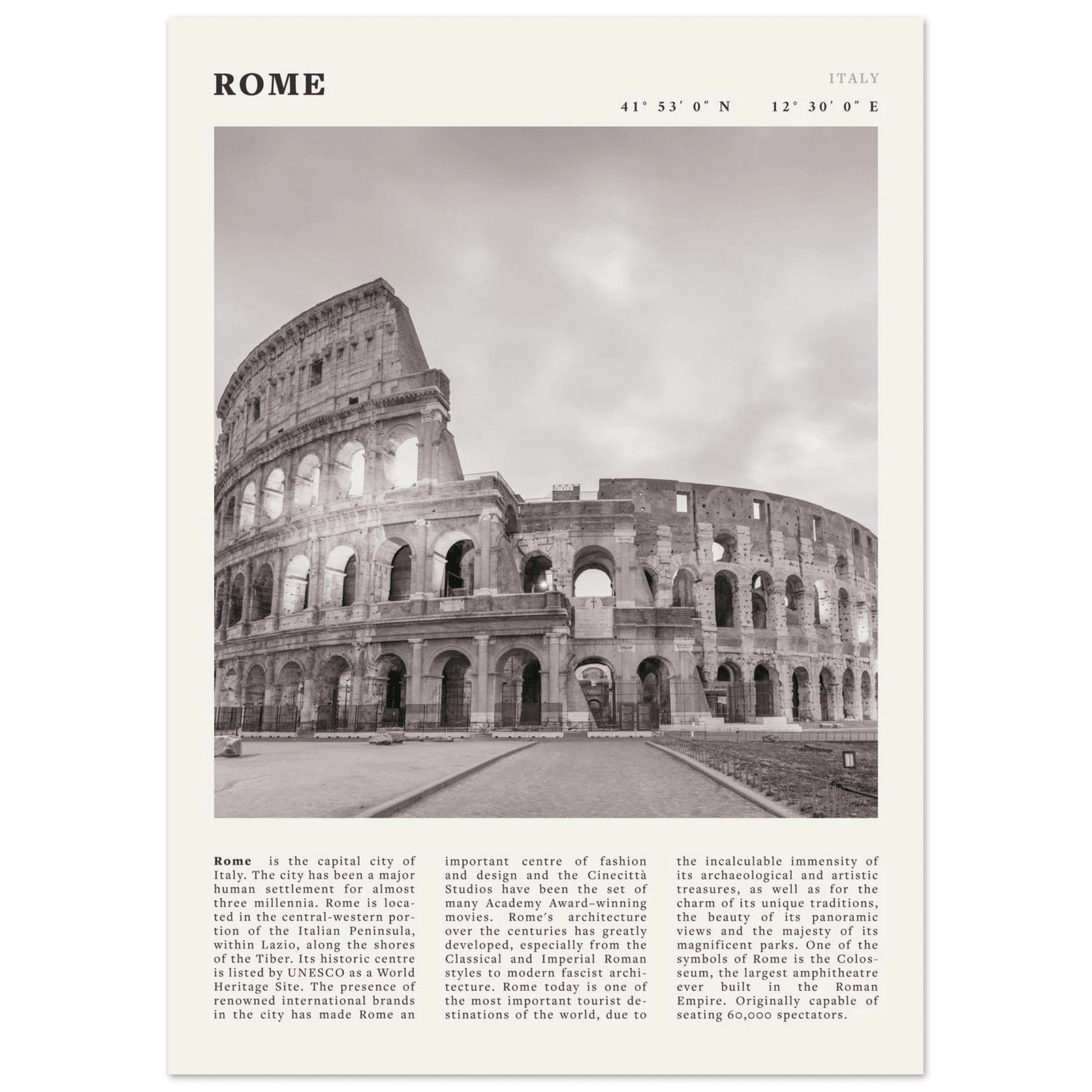 Rome Poster | Black & White Colosseum Wall Art | Italy Travel Print | Roman Decor - Evergreen Posters