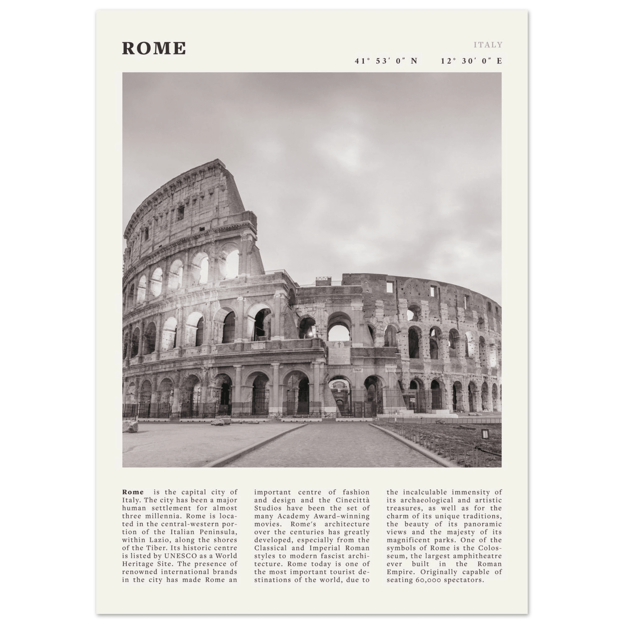 Rome Poster | Black & White Colosseum Wall Art | Italy Travel Print | Roman Decor - Evergreen Posters
