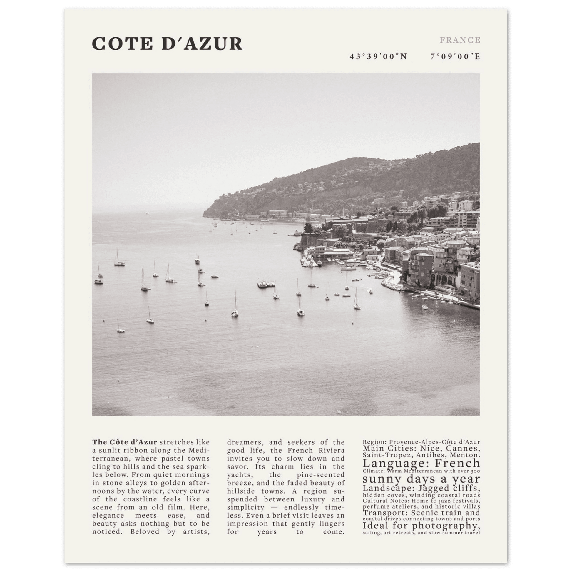 Côte d'Azur Poster Black and White – Vintage French Riviera Coast Print (Digital & Printed Options) - Evergreen Posters