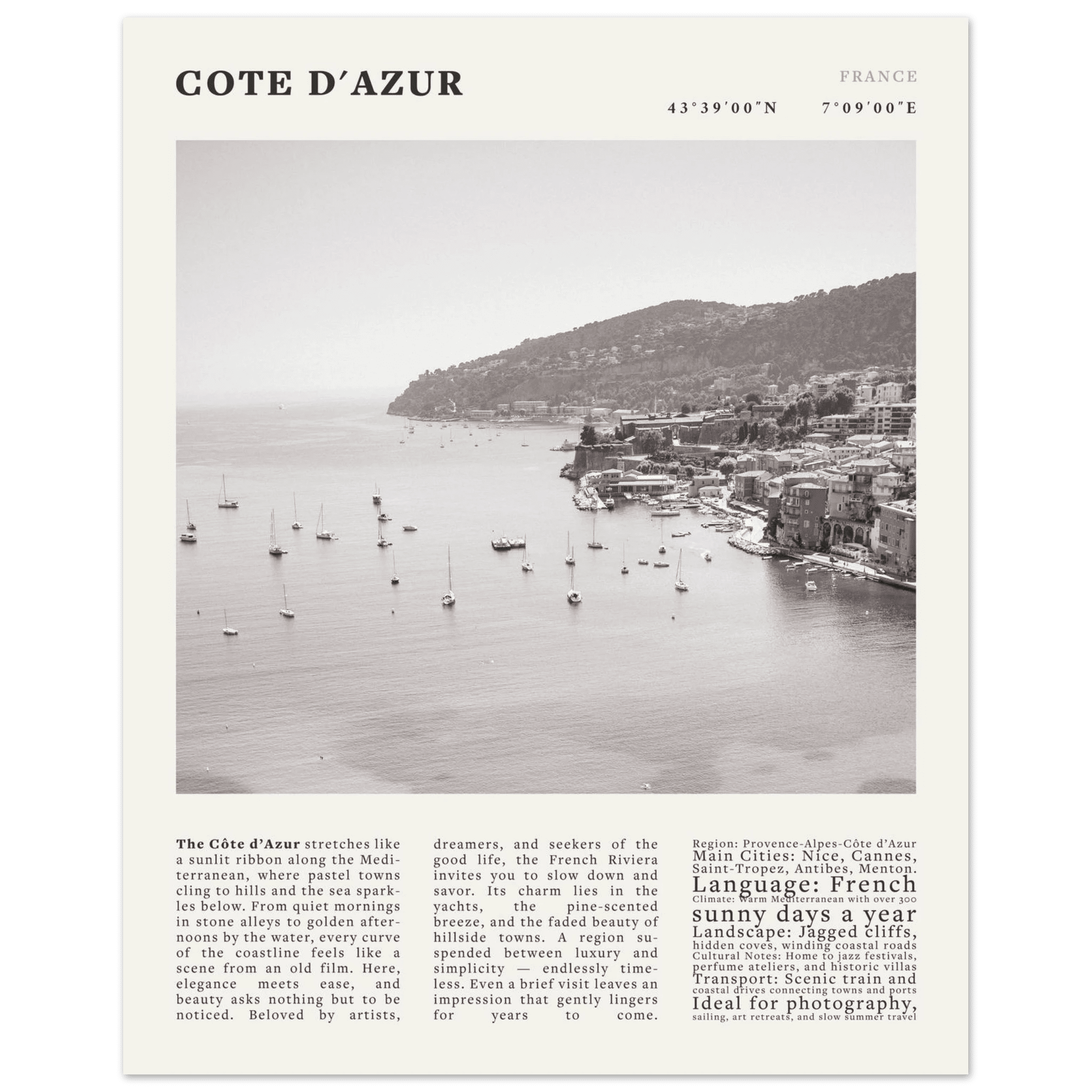 Côte d'Azur Poster Black and White – Vintage French Riviera Coast Print (Digital & Printed Options) - Evergreen Posters