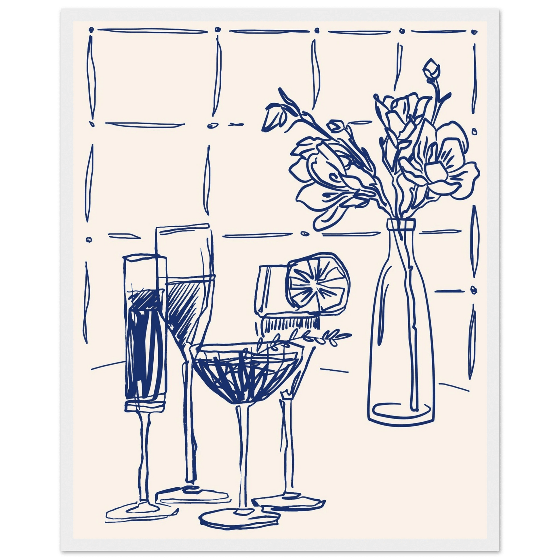 Cocktails & Flowers Print | Navy Blue Line Art Drinks Wall Art | Kitchen Bar Poster - Evergreen Posters