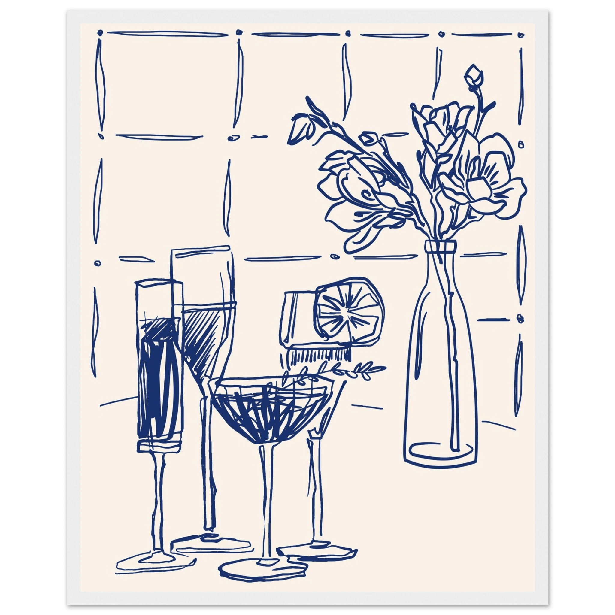 Cocktails & Flowers Print | Navy Blue Line Art Drinks Wall Art | Kitchen Bar Poster - Evergreen Posters