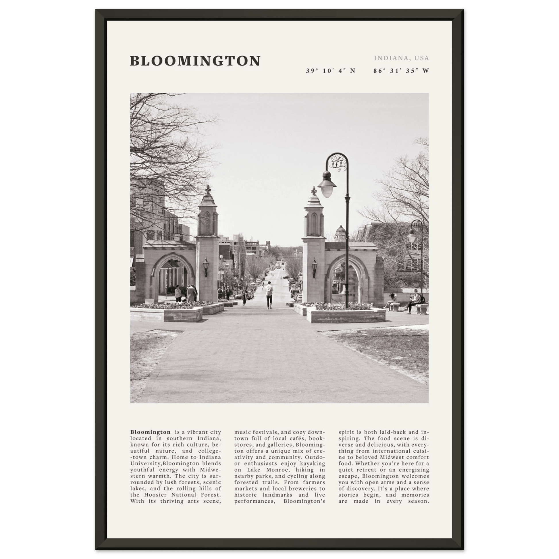 Bloomington Indiana Black and White Vintage Poster - Evergreen Posters