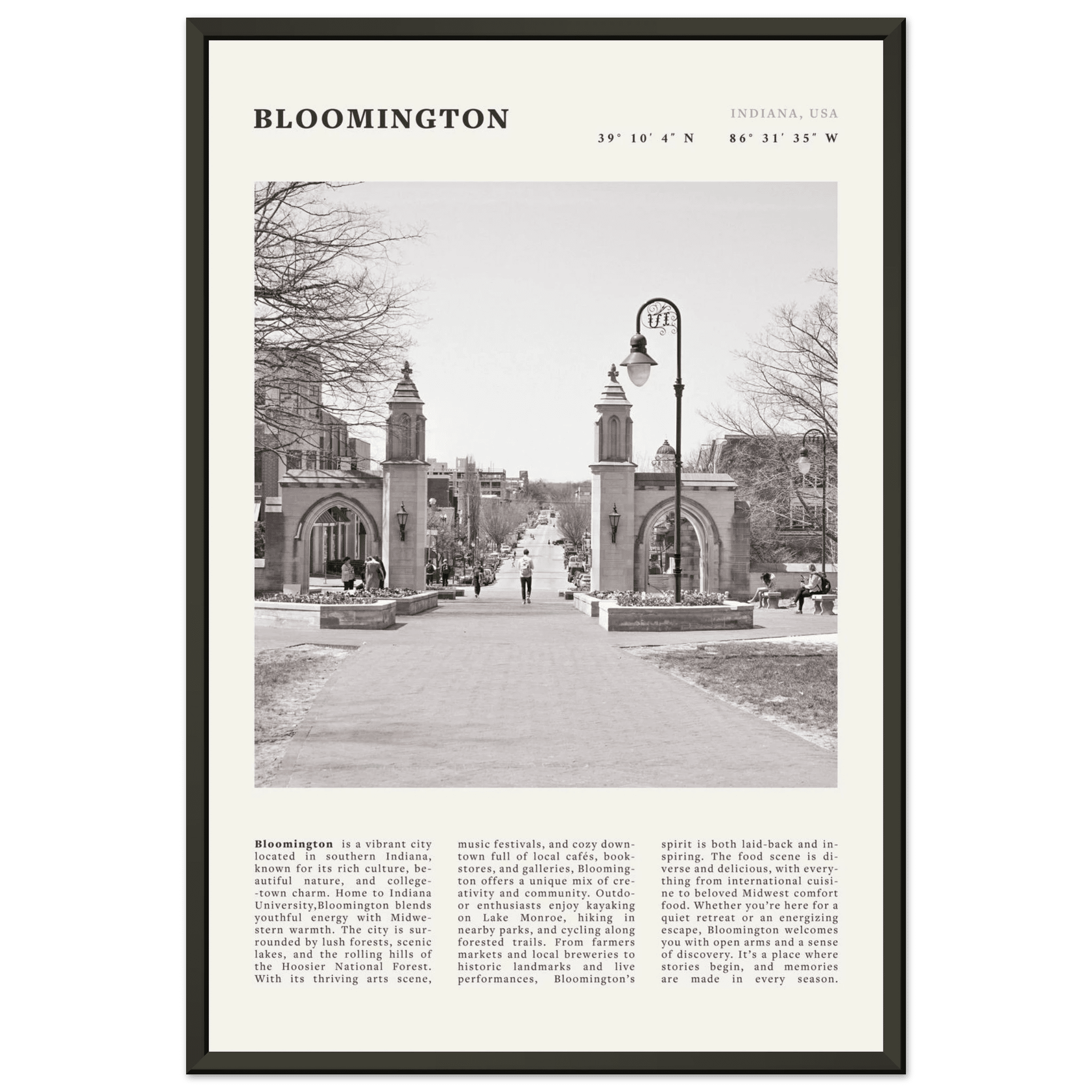 Bloomington Indiana Black and White Vintage Poster - Evergreen Posters