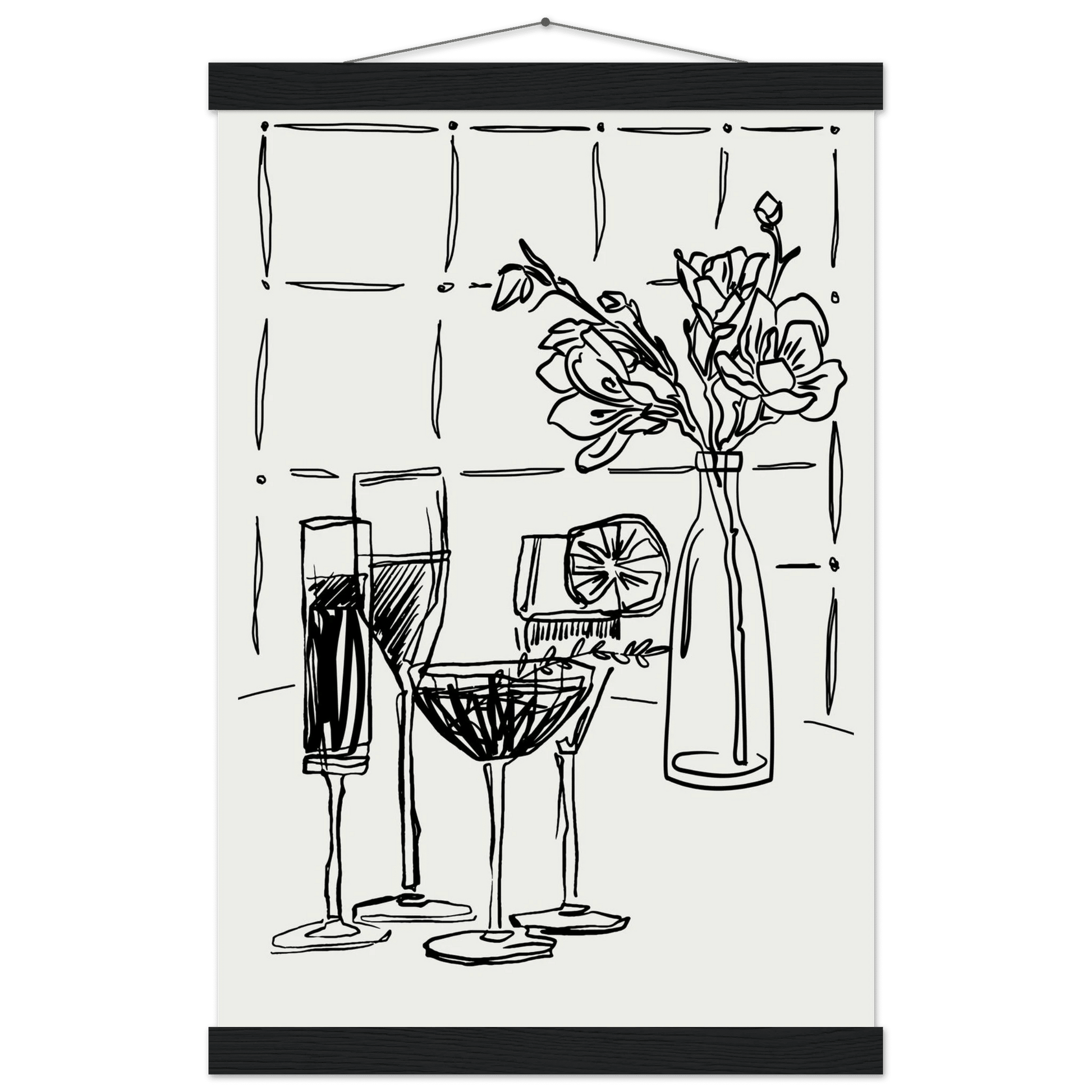 Cocktails & Flowers Print | Black Line Art Drinks Wall Art | Kitchen Bar Poster - Evergreen Posters
